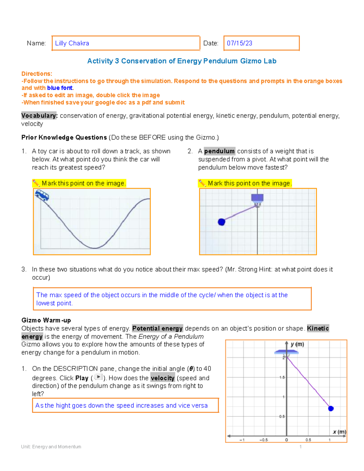 Conservation Of Energy Pendulum Gizmo Lab - Respond To The Questions ...