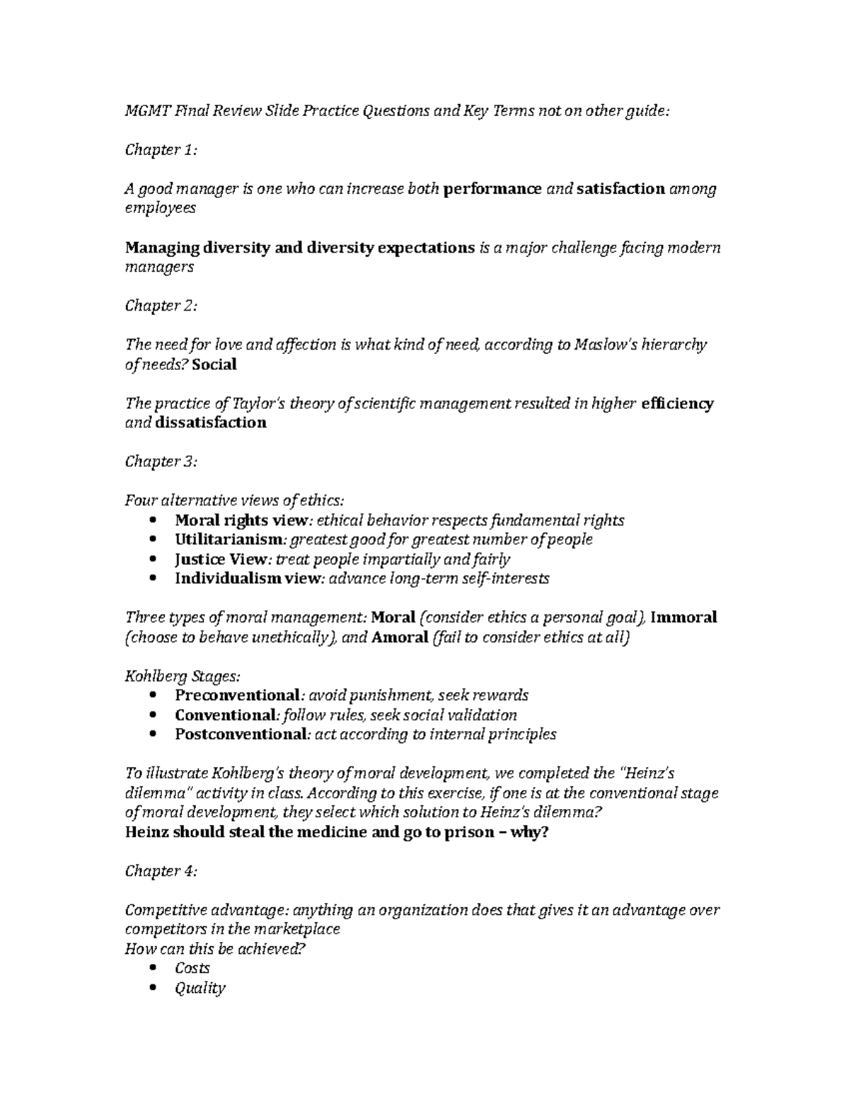 Summary - Final review slide practice questions and key terms - MGMT ...