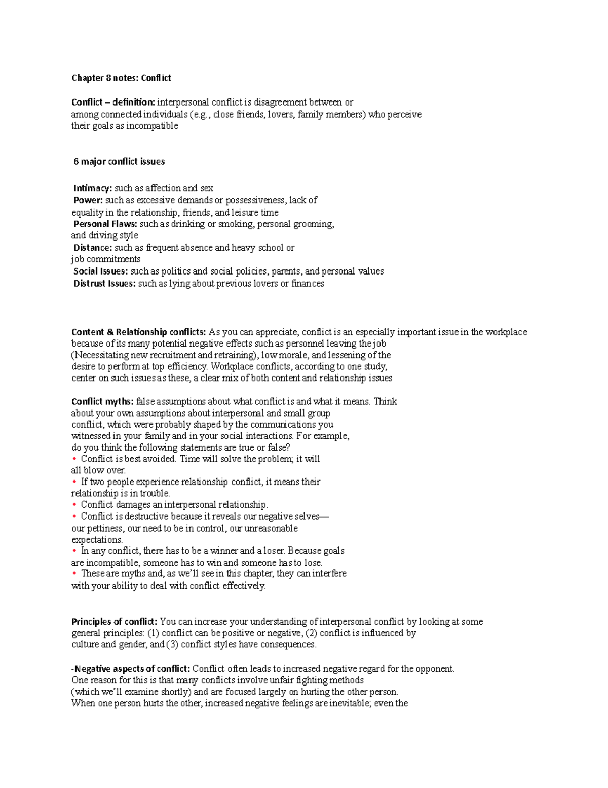 Chapter 8 notes - Chapter 8 notes: Conflict Conflict – definition ...