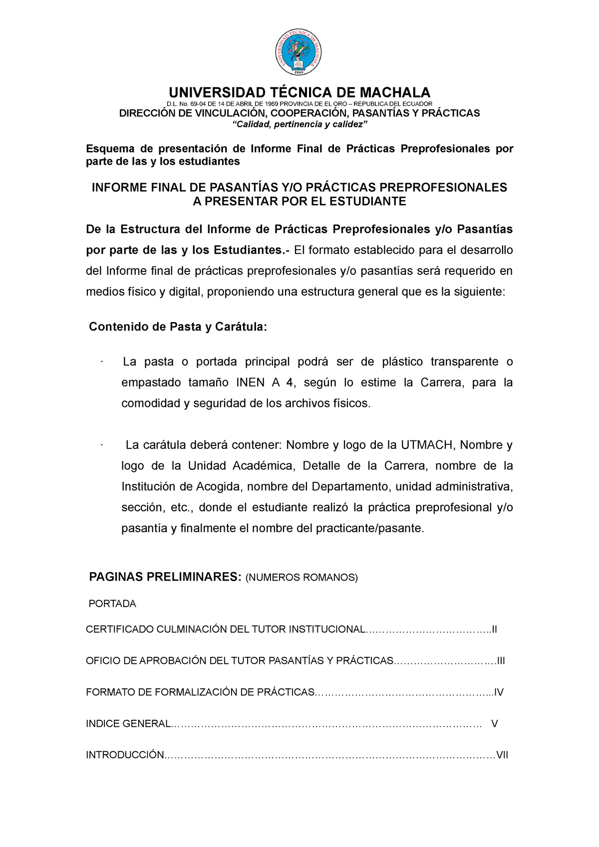5. Esquema DE Presentación DE Informe Final DE Practicas Preprofesionales -  D. No. 69-04 DE 14 DE - Studocu