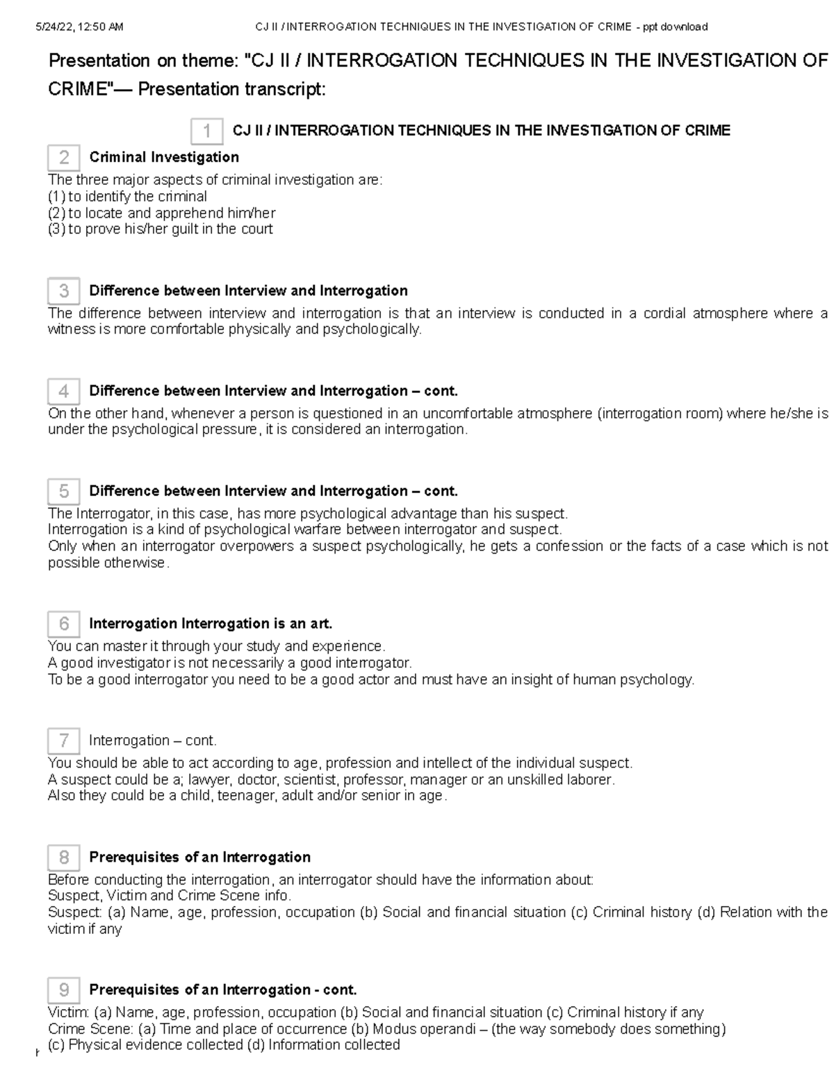 CJ II Interrogation Techniques IN THE Investigation OF Crime - ppt ...
