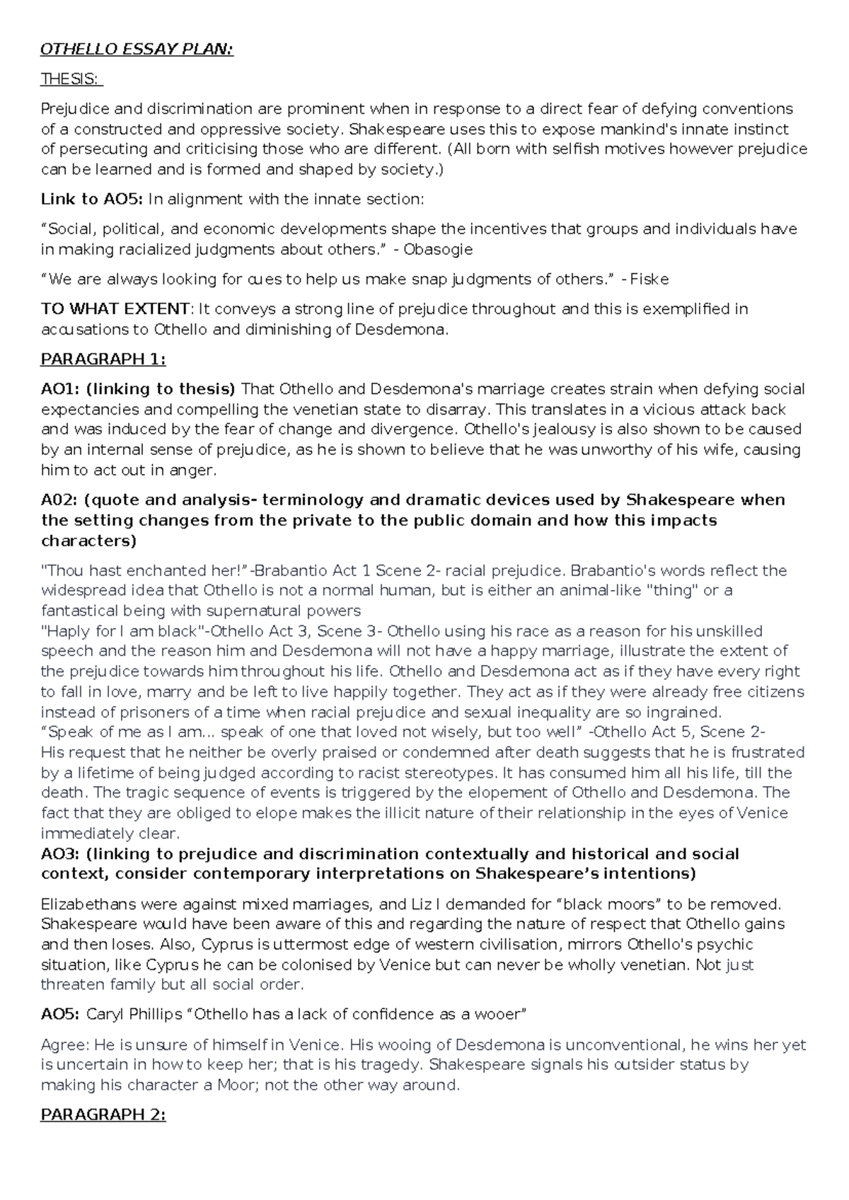 Othello Essay Plan - OTHELLO ESSAY PLAN: THESIS: Prejudice and ...