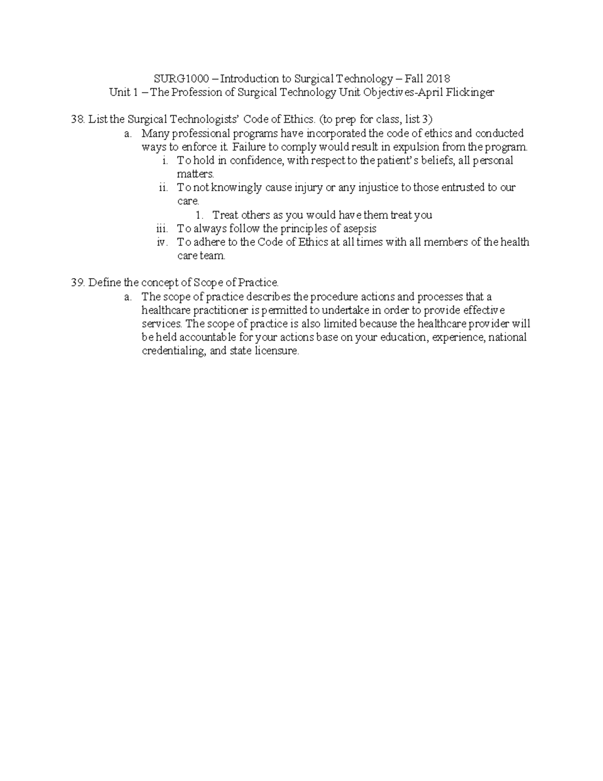 SURG1000 – Introduction to Surgical Technology – Fall 2018-objectives ...