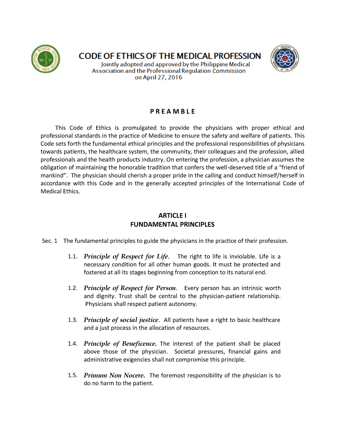 Code Of Ethics Of Medical Profession - P R E A M B L E This Code Of ...