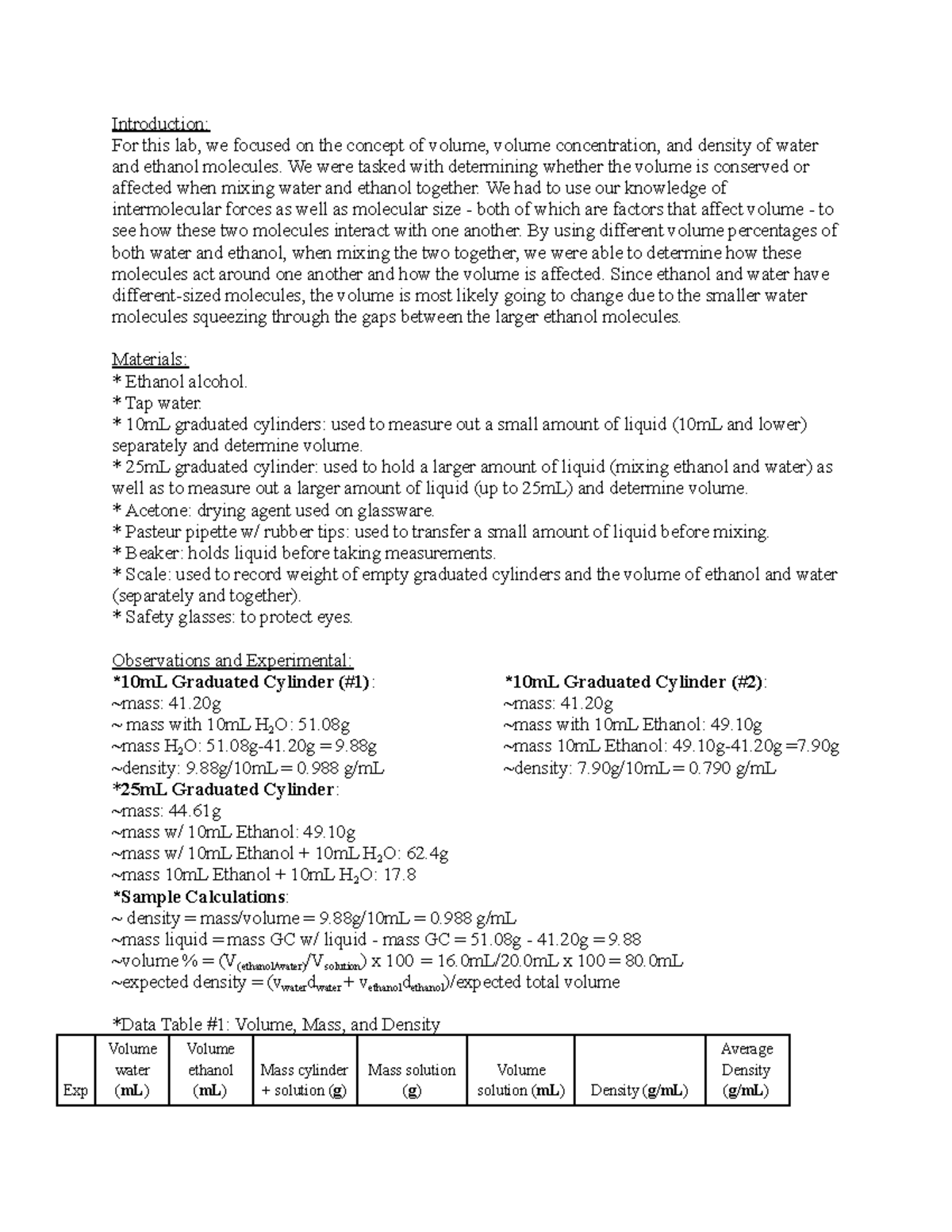 Lab 2 The Sneaky Ethanol Molecules (Lab Report) - Introduction: For ...