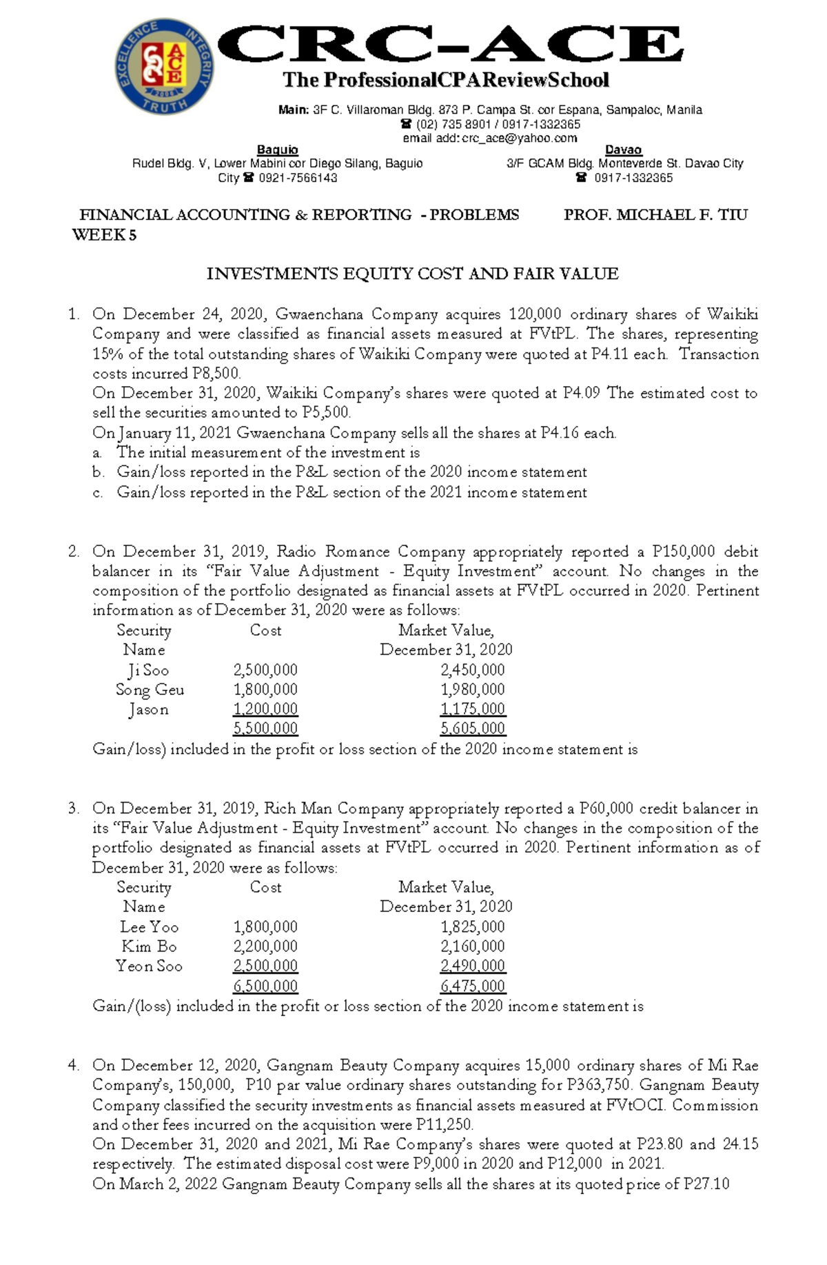 FARP Investments Equity Cost and Fair Value - FINANCIAL ACCOUNTING ...