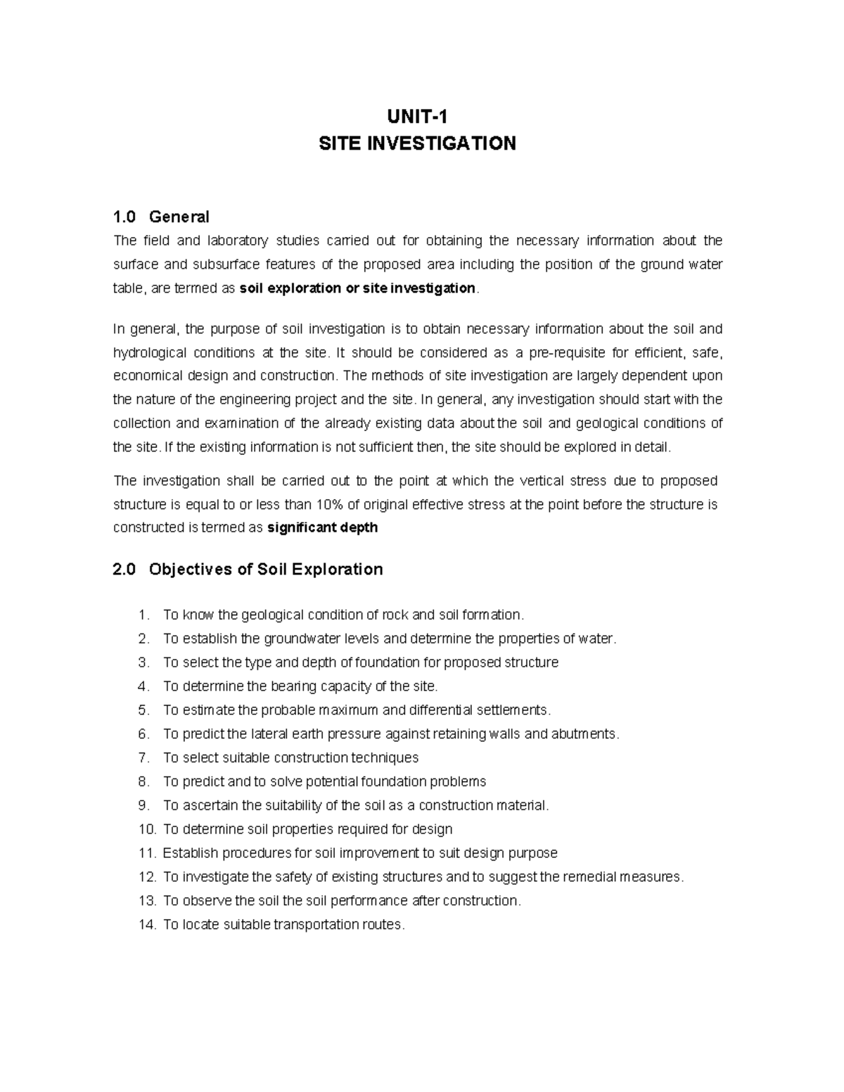 Unit I - Notes - UNIT- SITE INVESTIGATION 1 General The field and ...