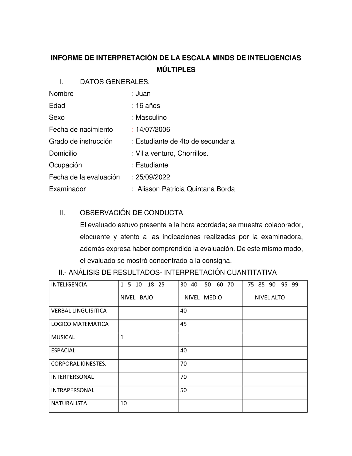 Rodrigo Percentil Pdf Informe Informe De Interpretaci N De La