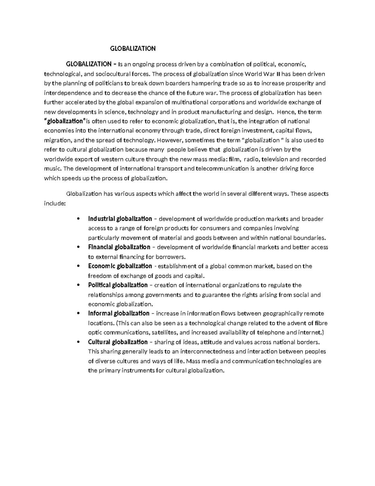 Globalization activity - GLOBALIZATION GLOBALIZATION – Is an ongoing ...