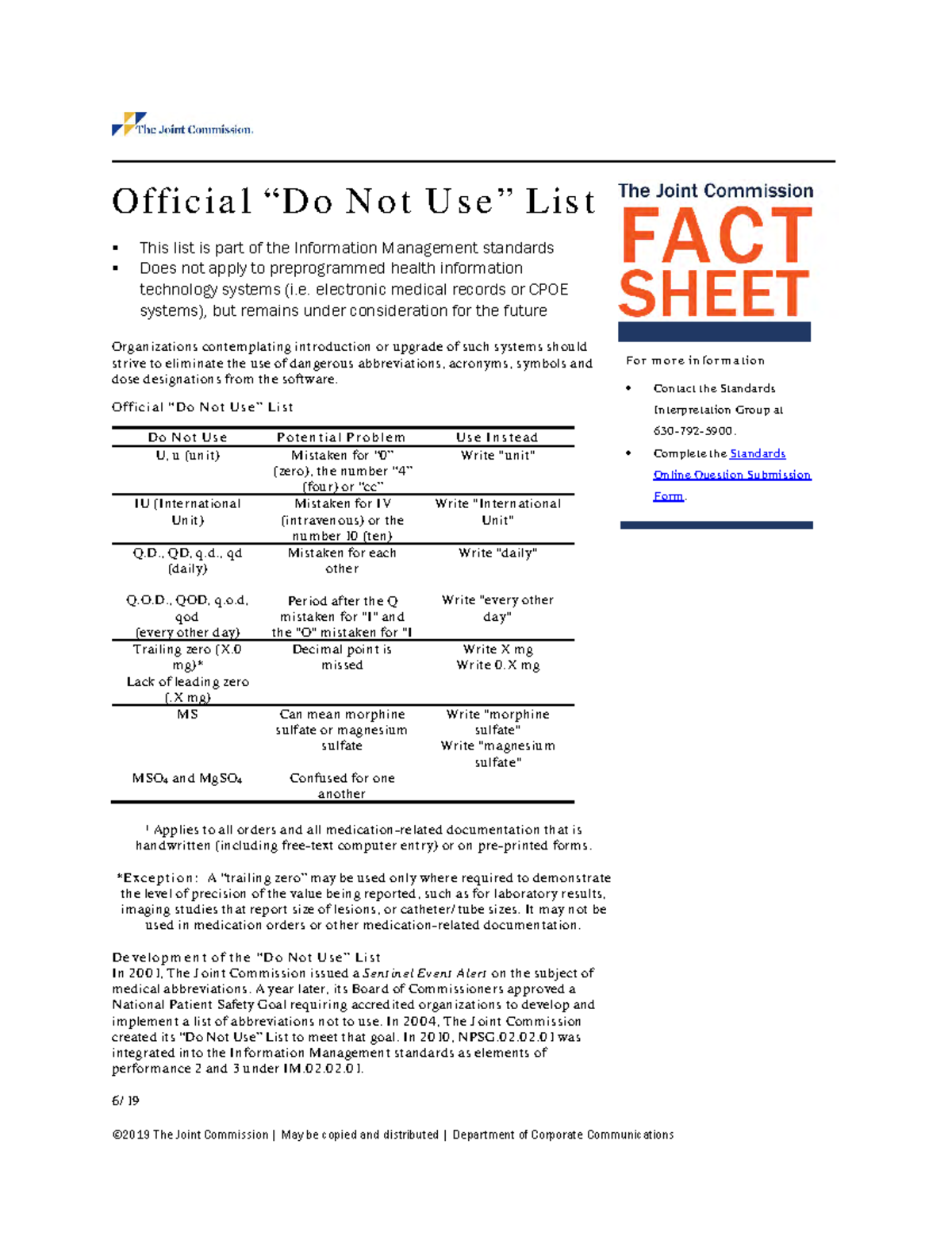 1 Joint Commission Do Not Use List information ©2019 The Joint