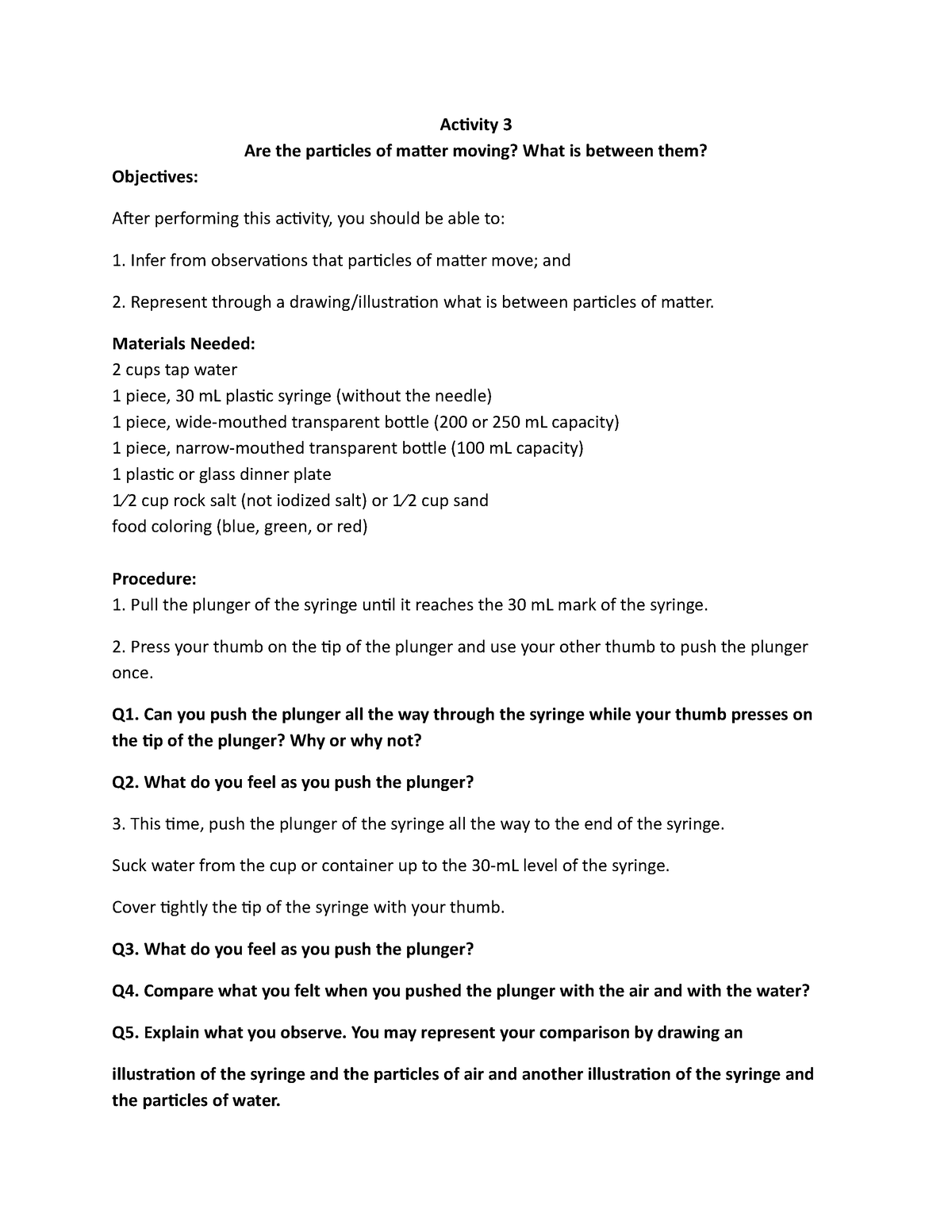 Activity sheet MT8 - mt8 - Activity 3 Are the particles of matter ...