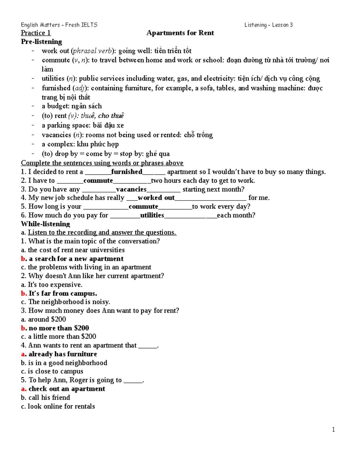 Fresh Listening Lesson 3 Practice 1 Apartments for Rent Pre