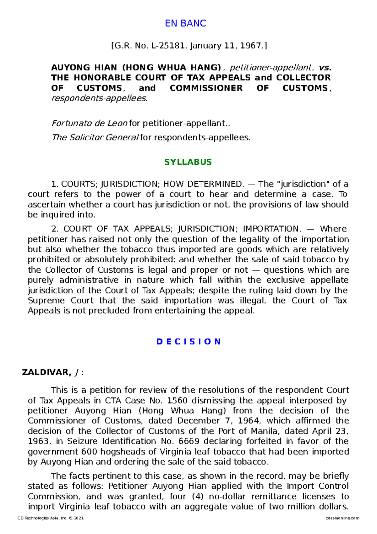 AUYONG HIAN (HONG WHUA HANG), petitioner-appellant, vs. THE HONORABLE ...