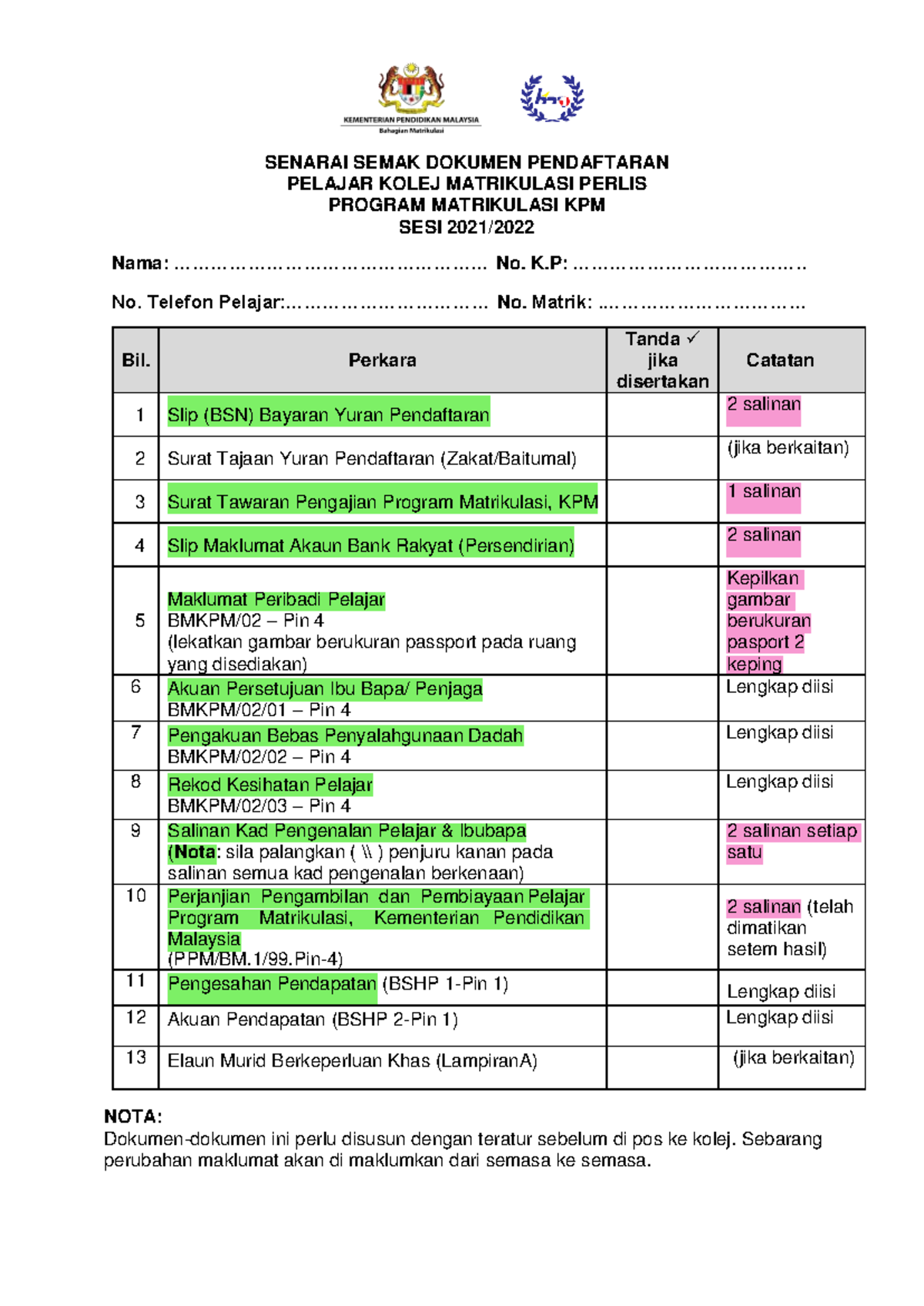 Senarai POS KE Matrik Perlis - SENARAI SEMAK DOKUMEN PENDAFTARAN ...