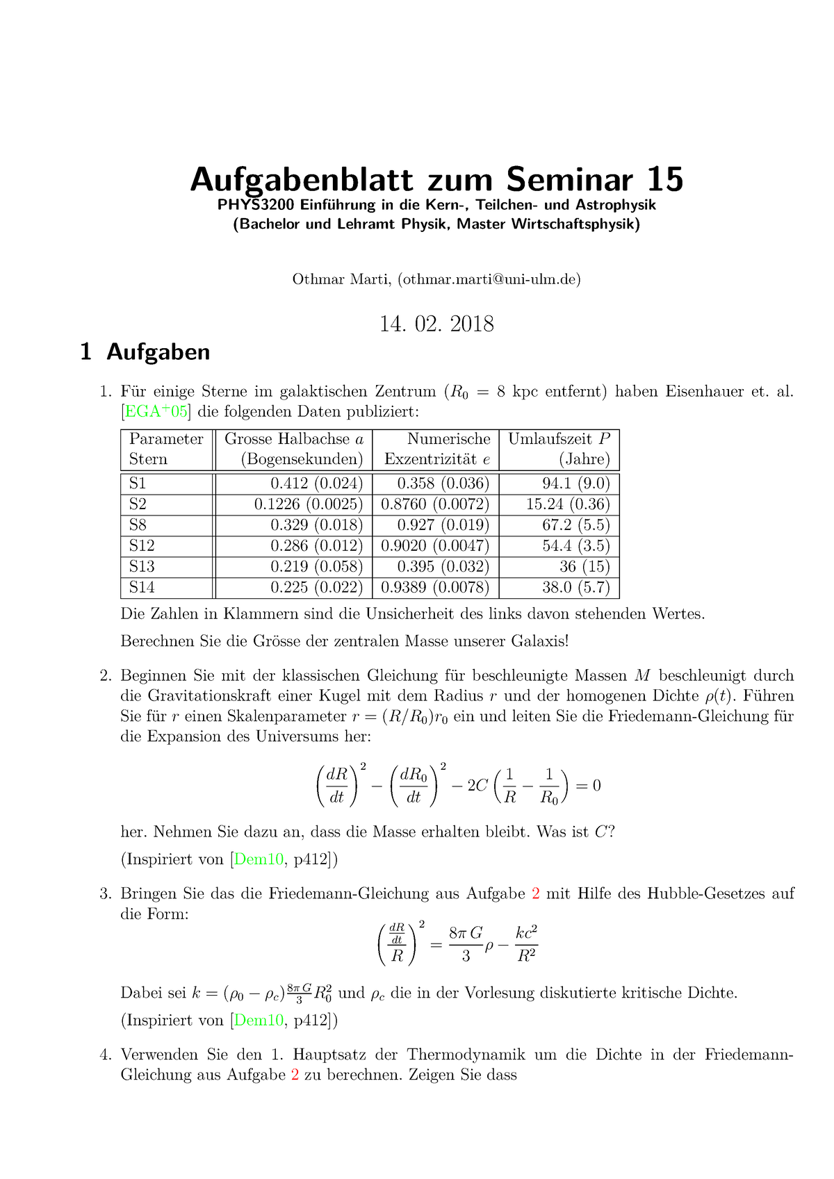 Aufgabenblatt 15 Zu Den Seminaren Vom 14. 02. 2018 Mit L”sungen ...