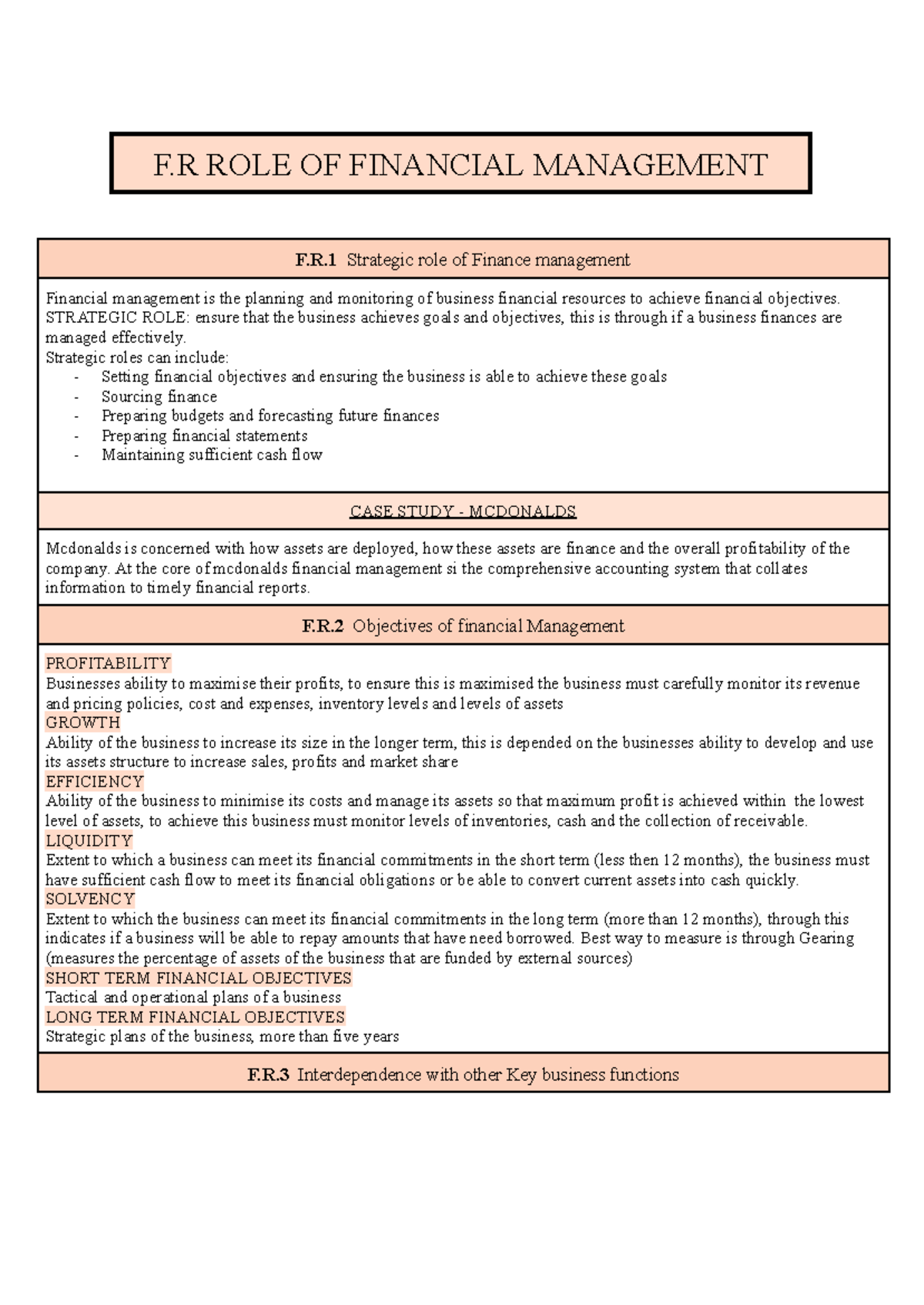 BUS HSC Topic 2 - Finance - F ROLE OF FINANCIAL MANAGEMENT F.R ...