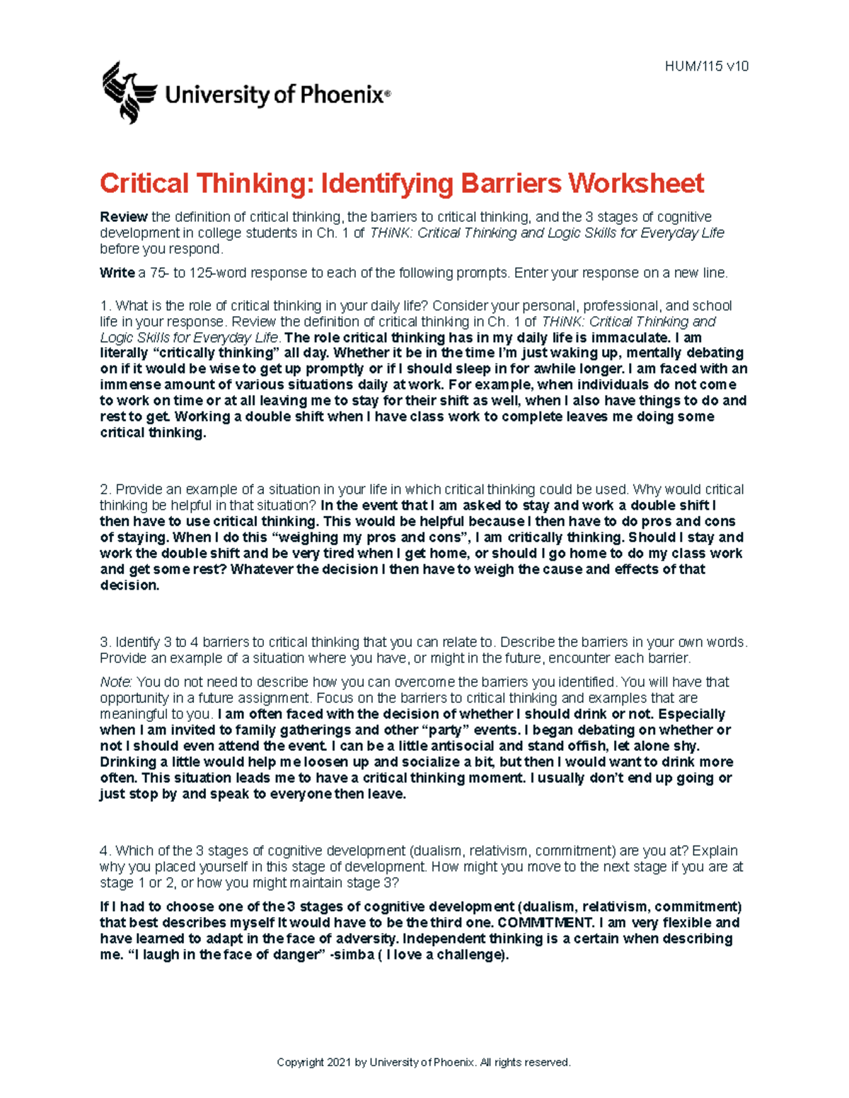 Hum115 v10 wk1 critical thinking identifying barriers worksheet - HUM ...