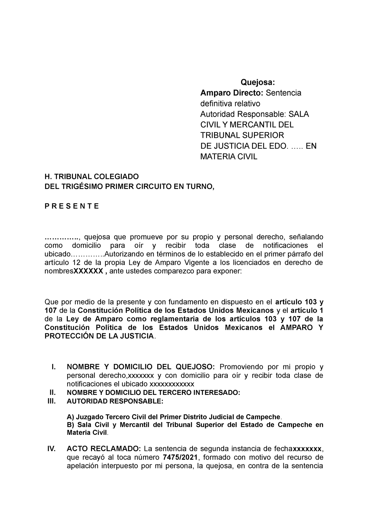 Ejemplo de Escrito de Demanda Amparo Directo: Sentencia Definitiva -  Quejosa: Amparo Directo: - Studocu