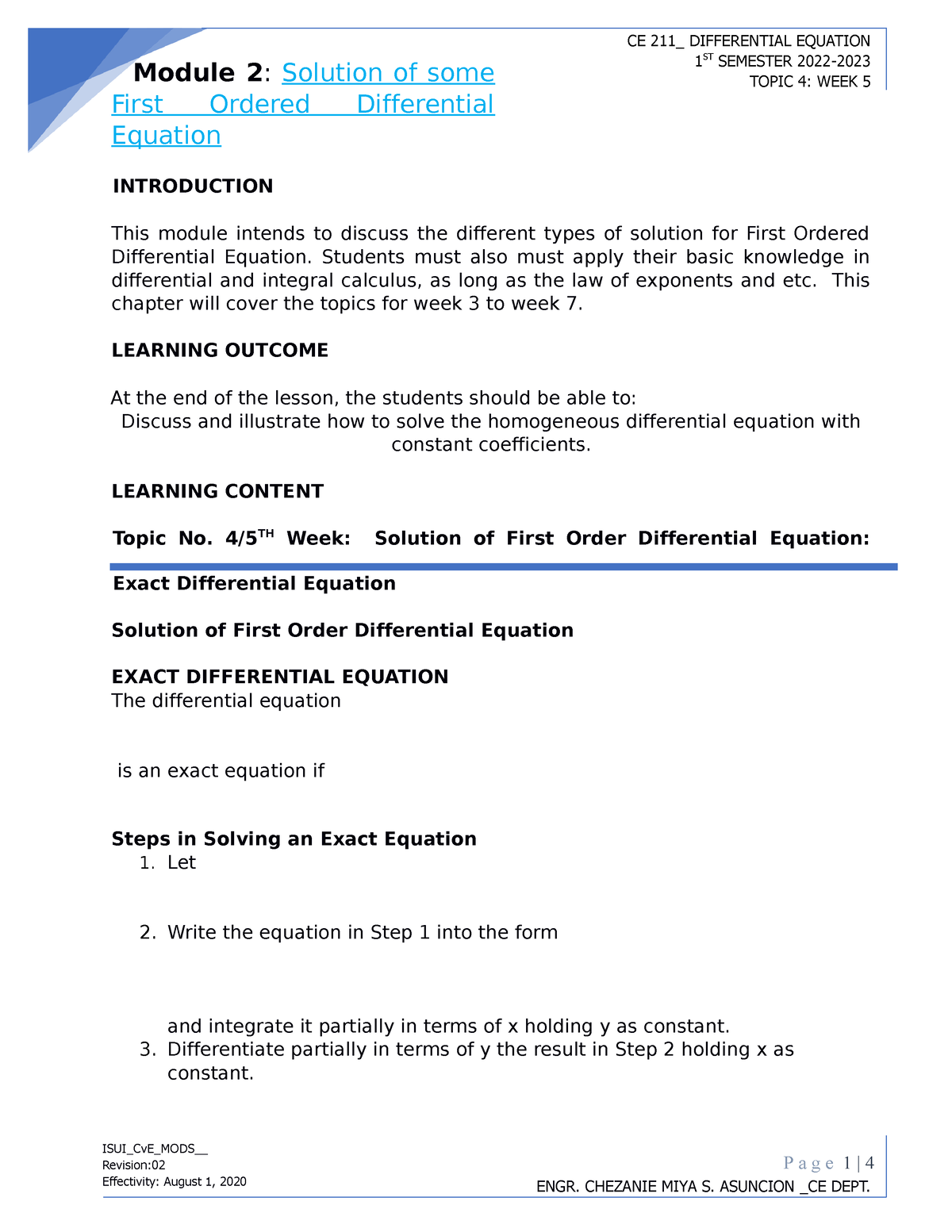 Module 2 Topic 4 Week5 Differential Equation - Studocu