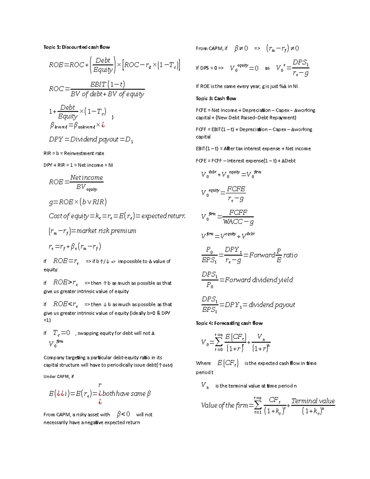 Cheat sheat - Topic 1: Discounted cash flow ROE=ROC+( Debt Equity) × ...