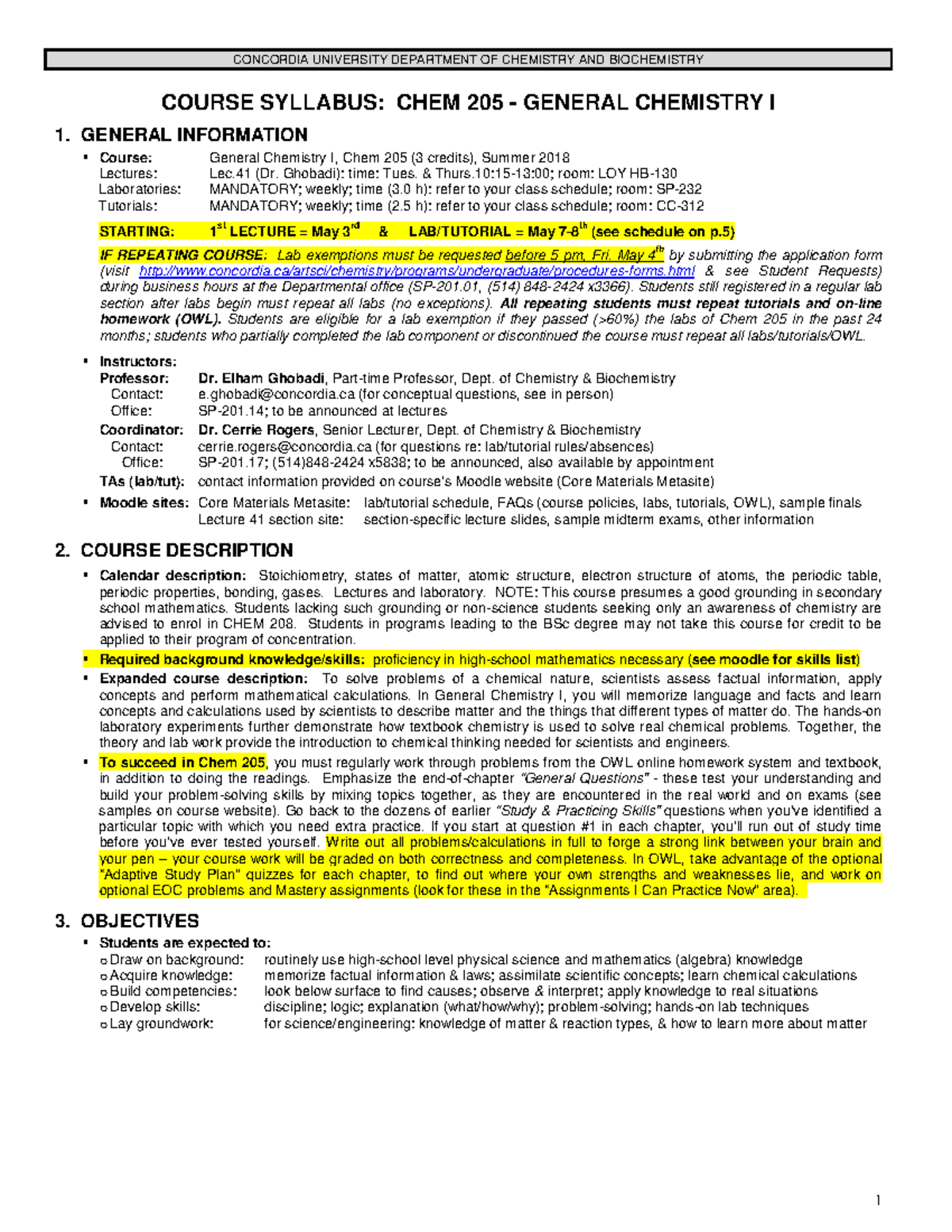 Chem 205 General Chemistry I syllabus COURSE SYLLABUS CHEM 205