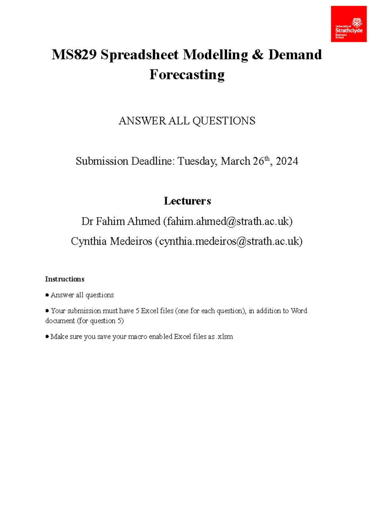 MS829 Spreadsheet Modelling - Assignment V2 - MS829 Spreadsheet ...