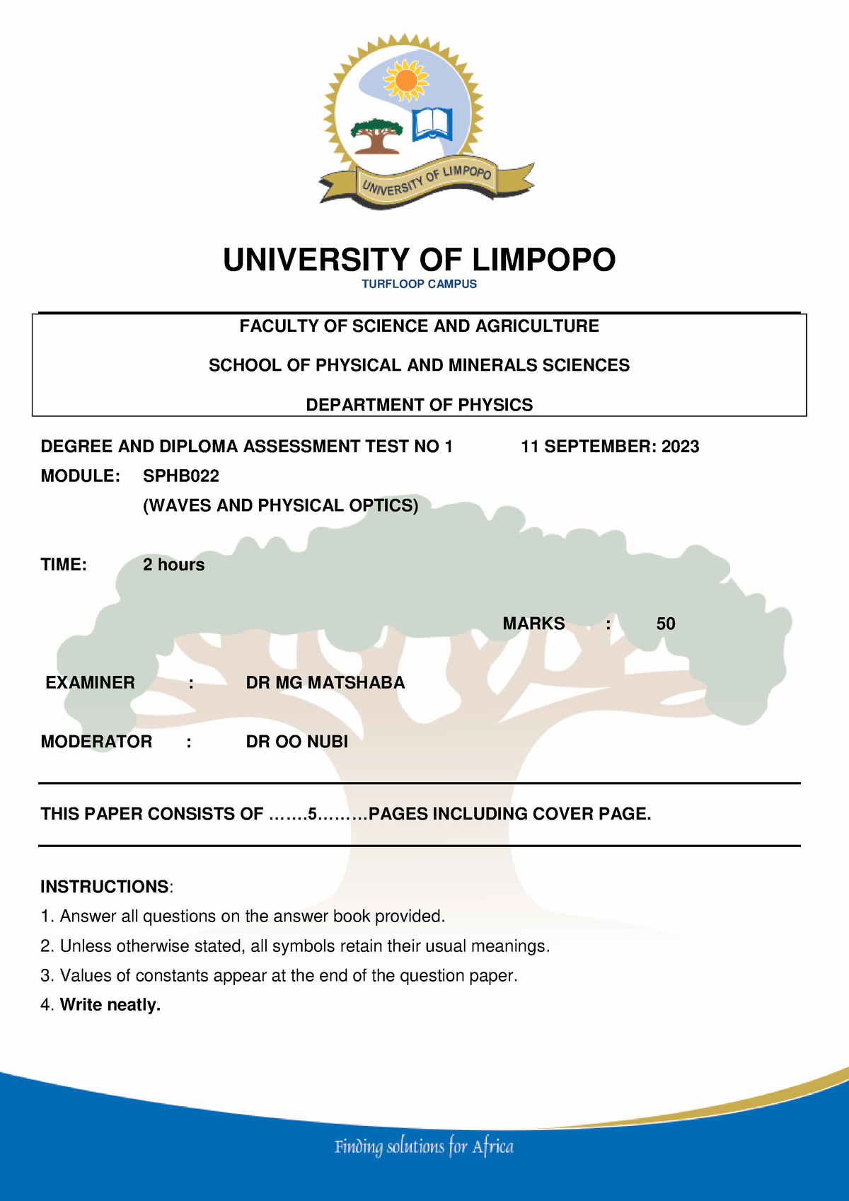 SPHB022 TEST 1 2023 - Memorandum - UNIVERSITY OF LIMPOPO TURFLOOP ...