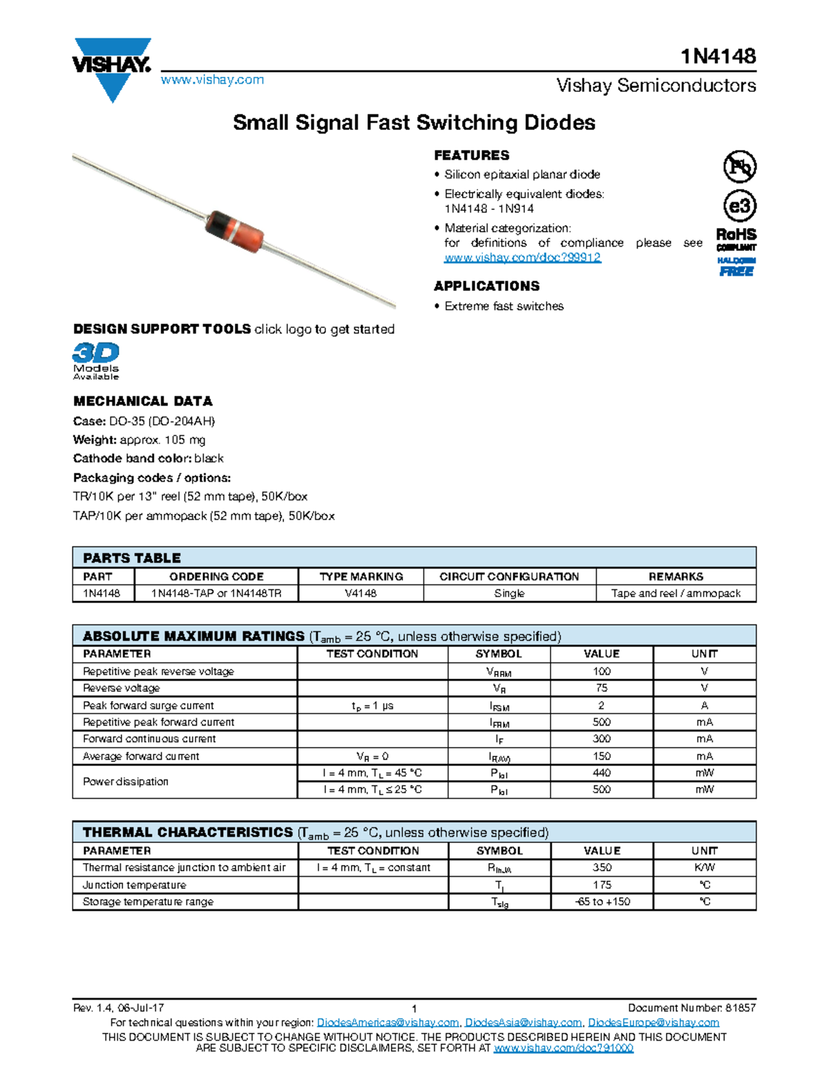 Datasheet 1N4148 - 1N Vishay Vishay Semiconductors Rev. 1, 06-Jul-17 1 ...