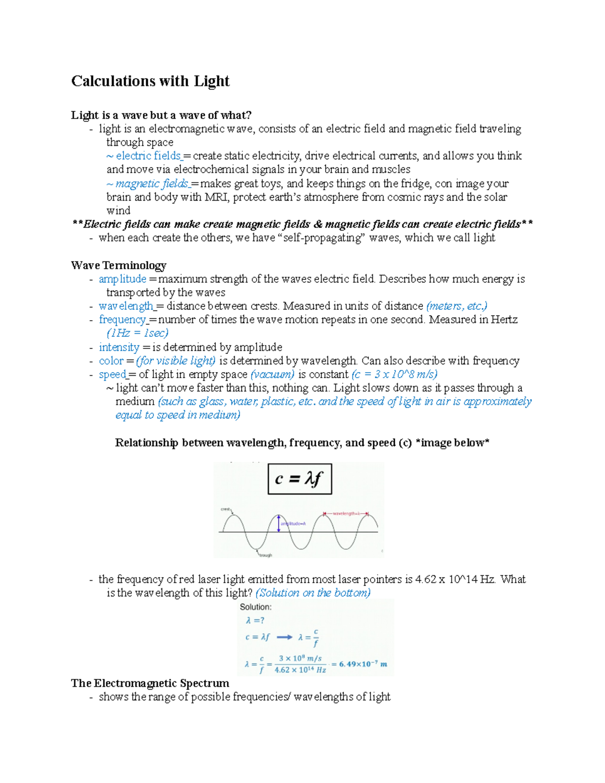 SCI1000 Calculations with Lights Calculations with Light Light is