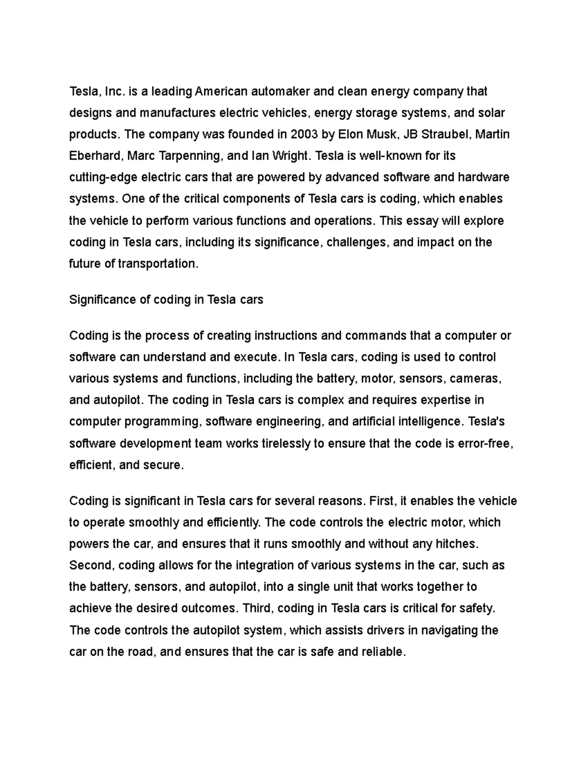 Studoc-2 - Class notes - Tesla, Inc. is a leading American automaker ...