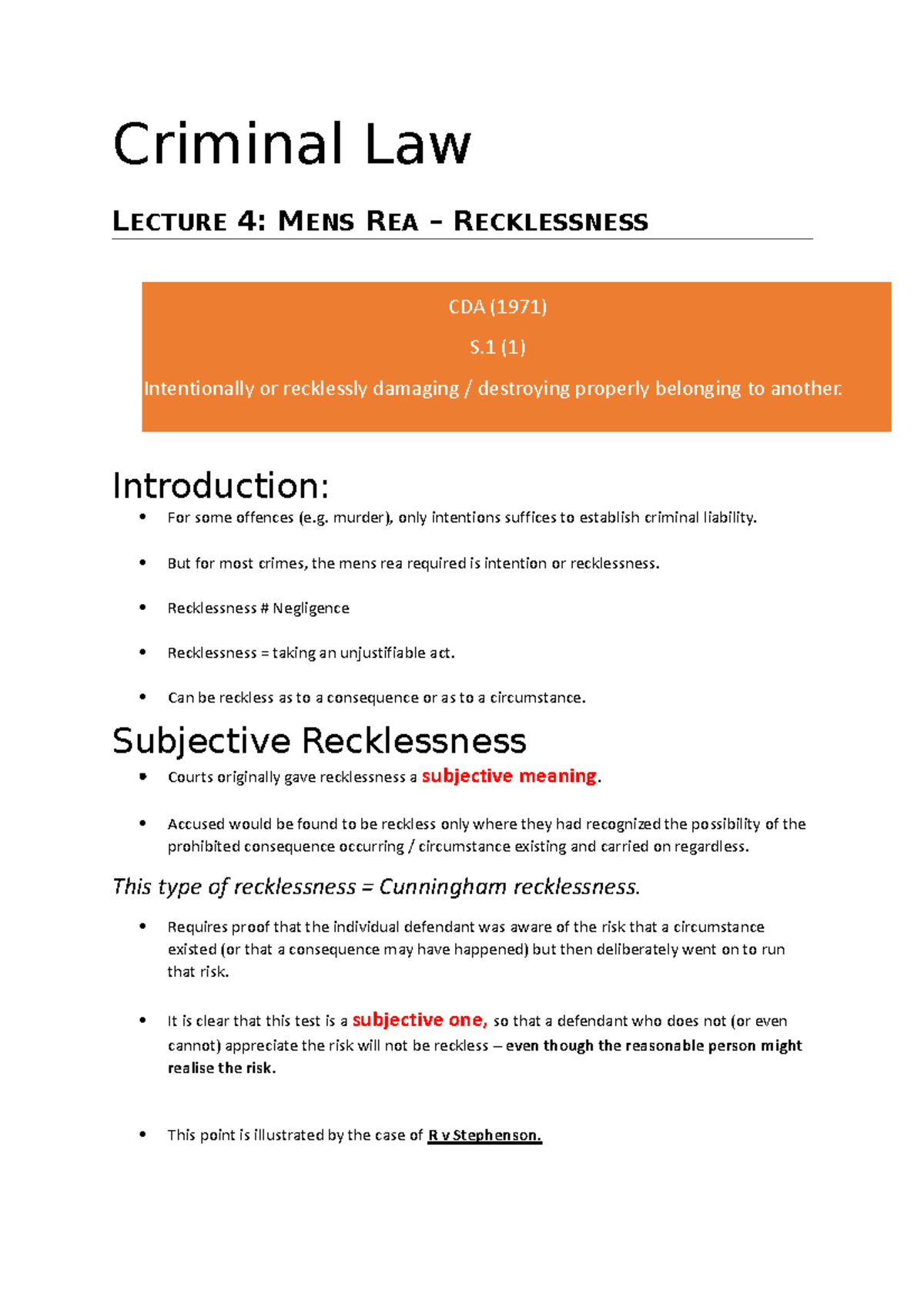 Criminal Law Online Notes L4 Criminal Law Lecture 4 Mens Rea