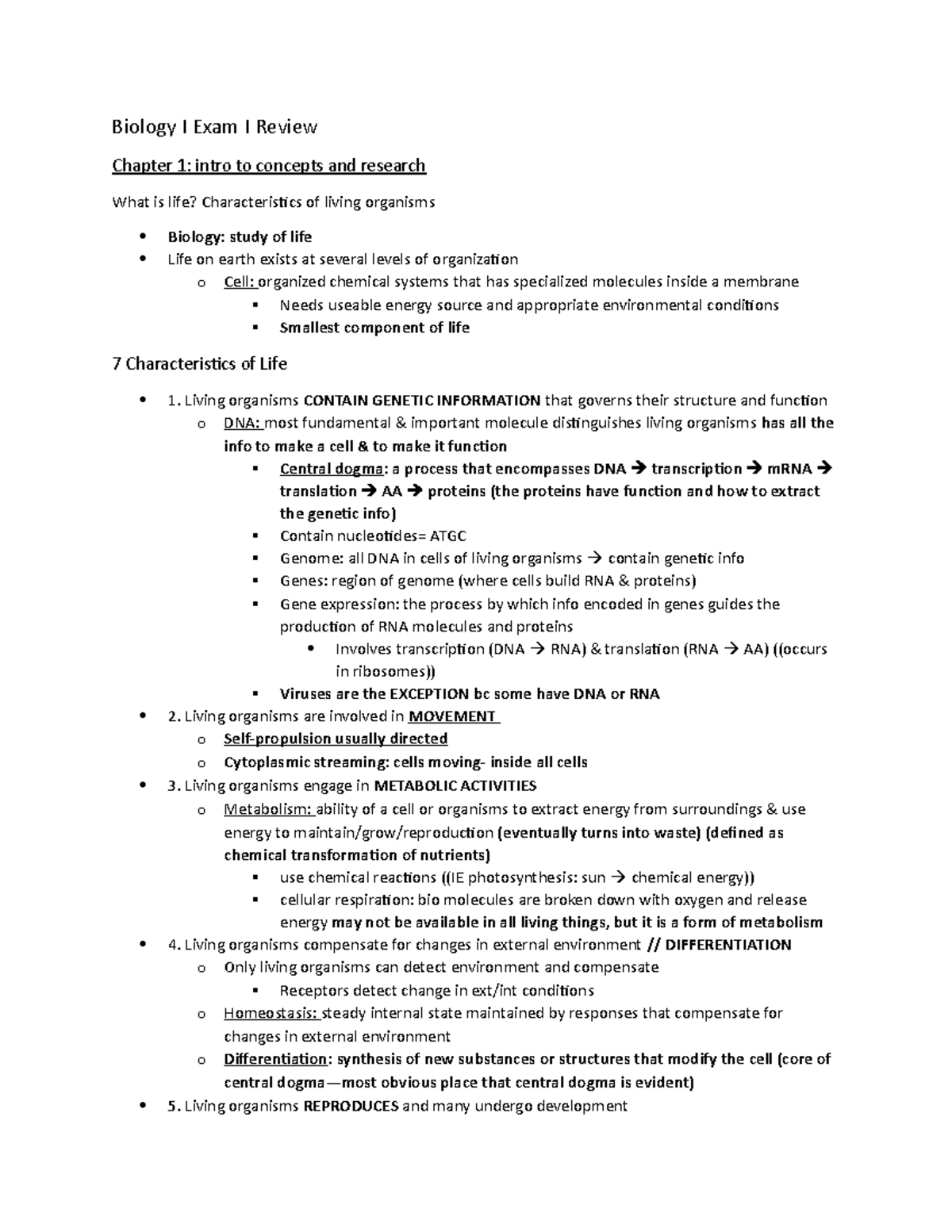 Bio exam 1 review print - Lecture notes Chapters 1,2,3,4,5 - Biology I ...