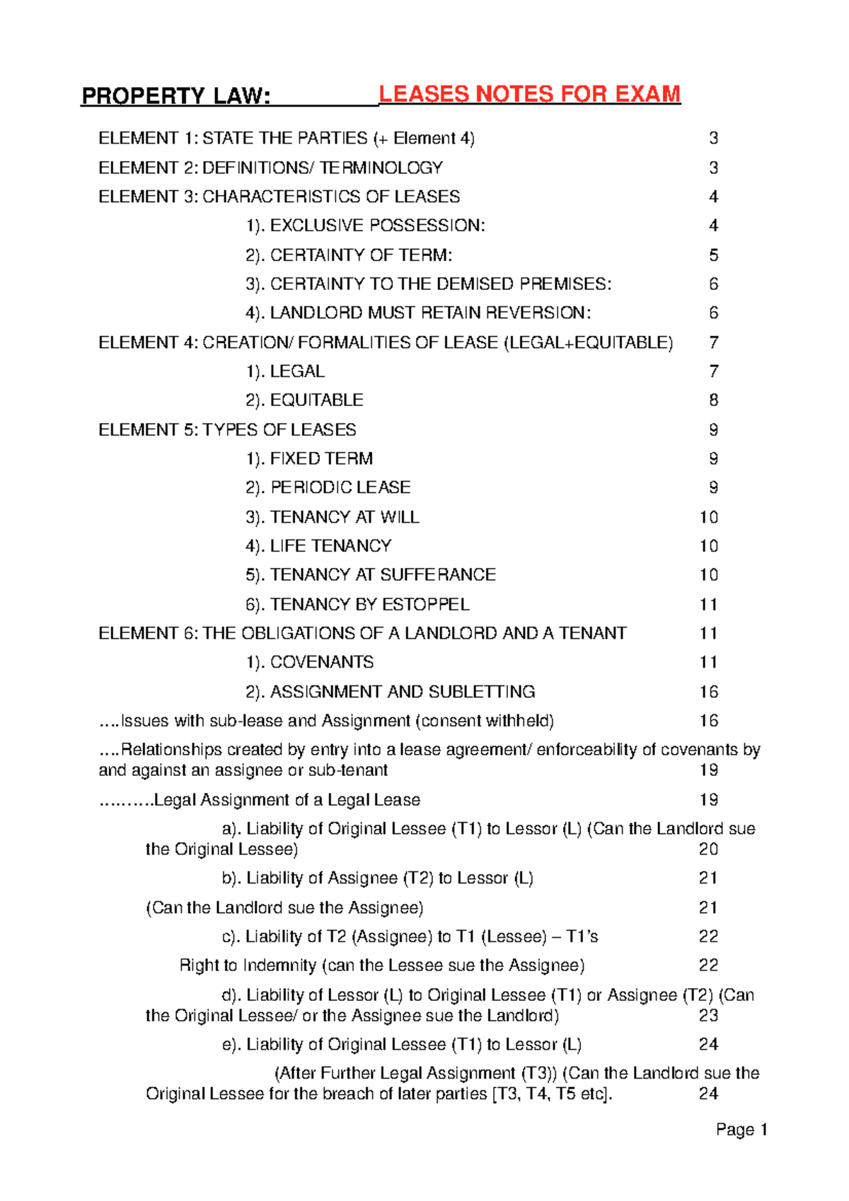 Leases: covenants - PROPERTY LAW: LEASES NOTES FOR EXAM ELEMENT 1 ...