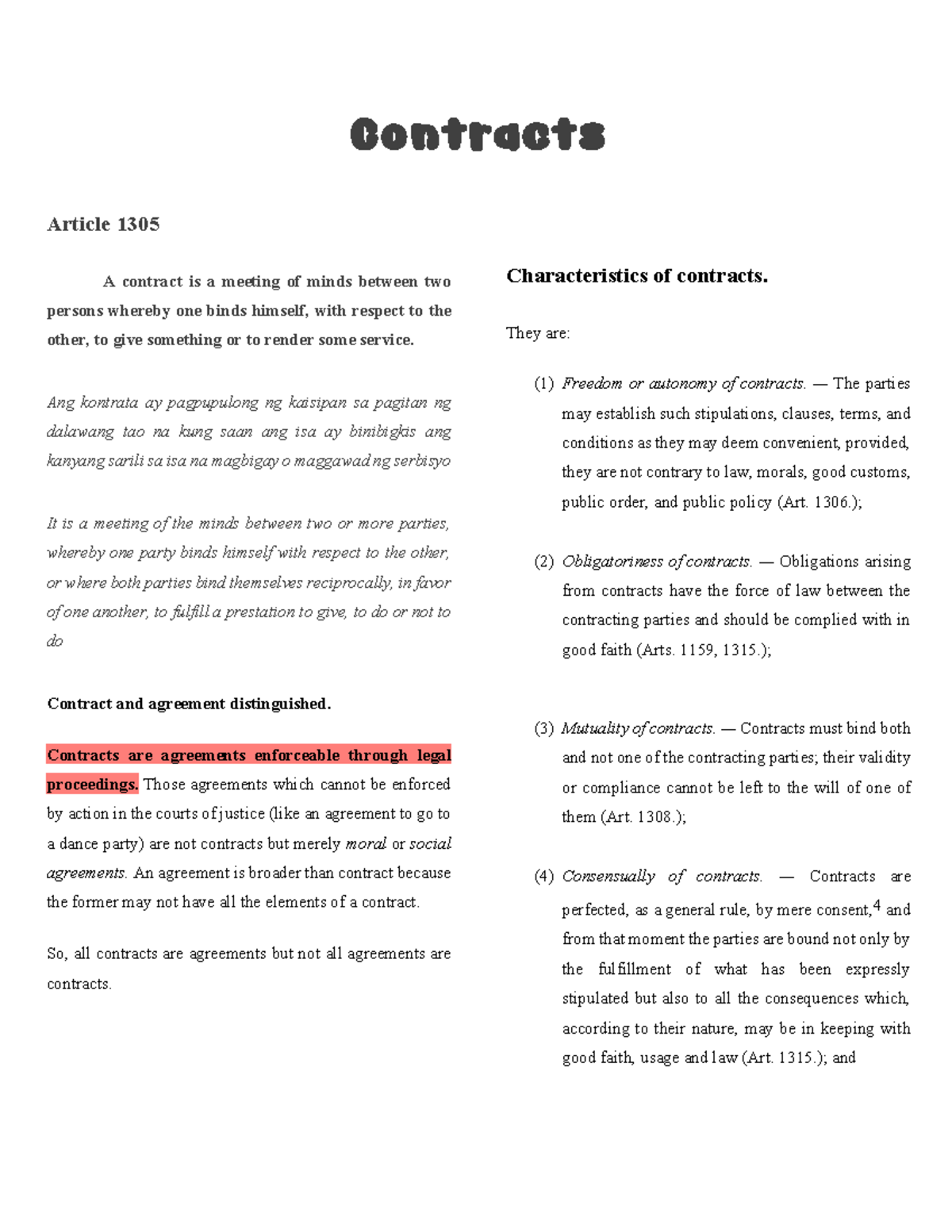 Contracts - Lecture notes 1 - Contracts Article 1305 A contract is a ...