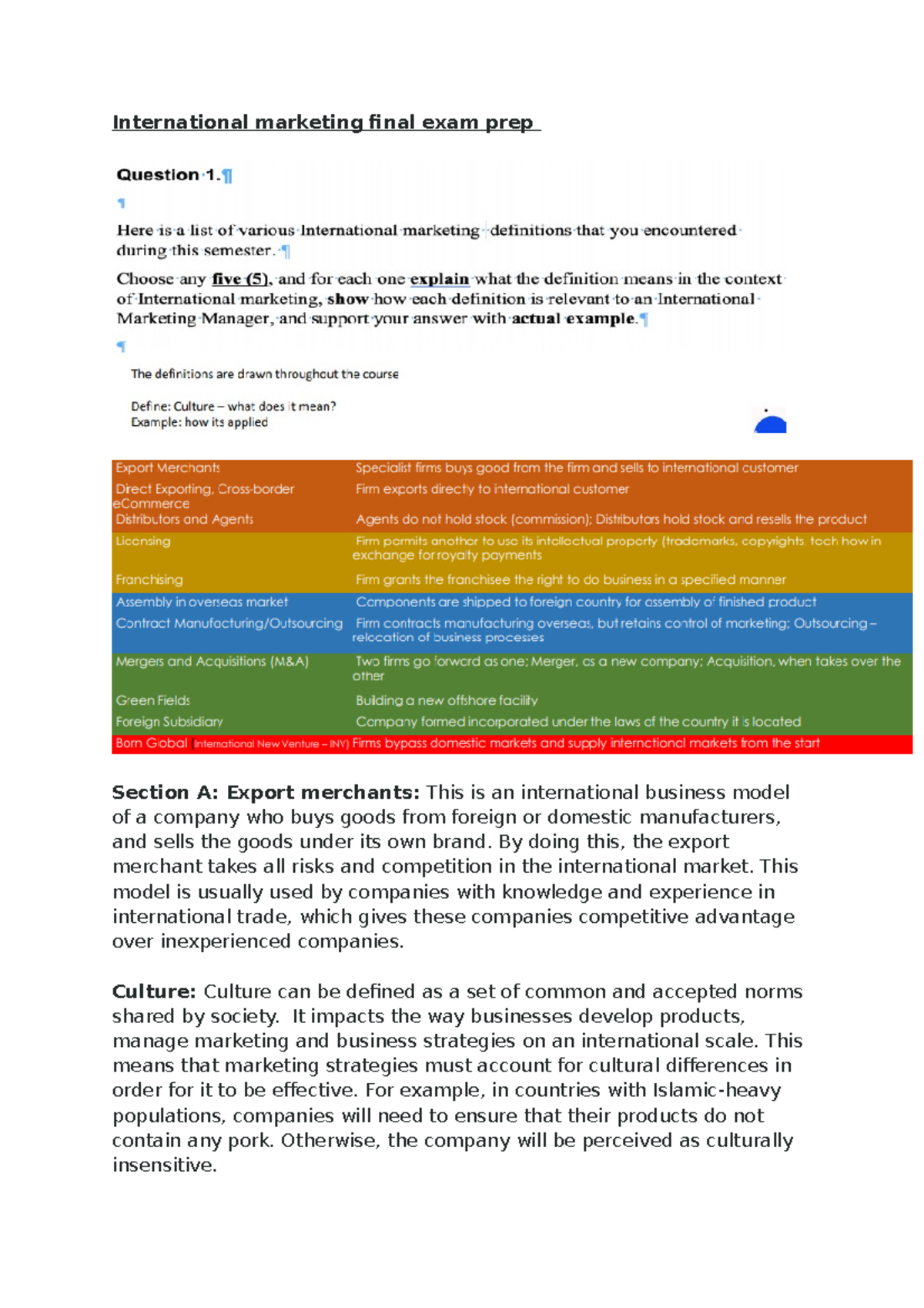 International marketing final exam prep - By doing this, the export ...