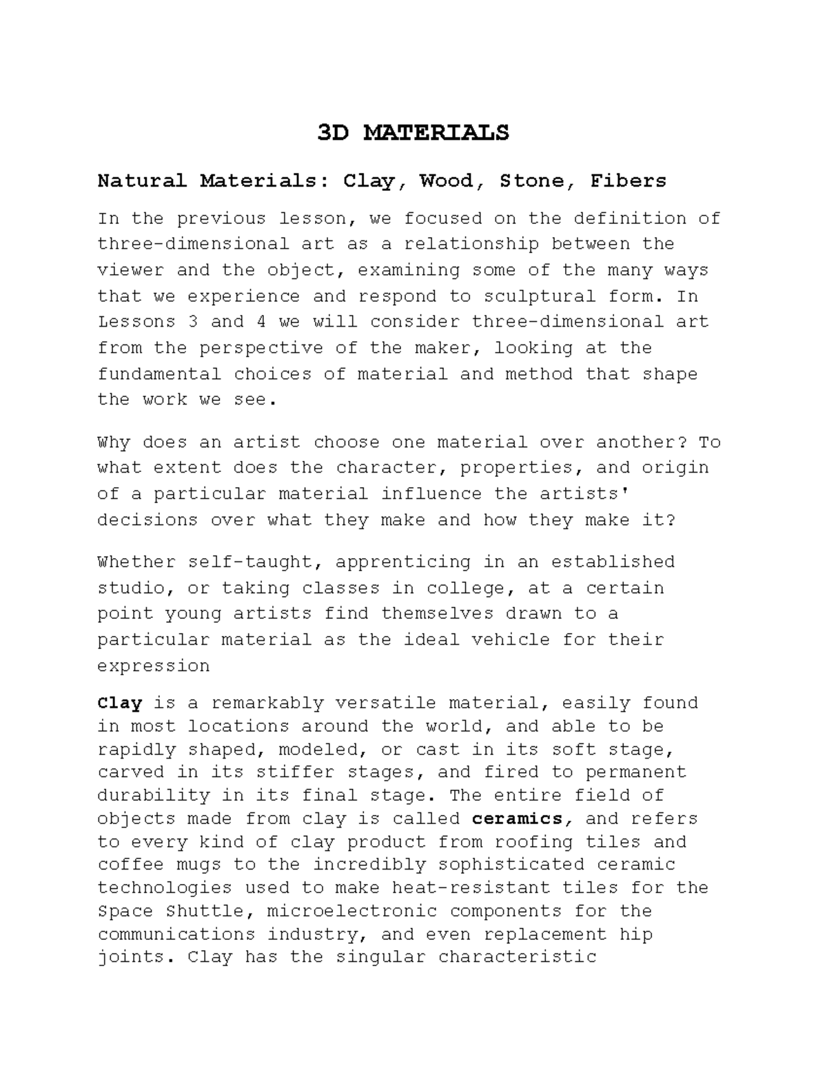 Natural Materials ARH 2000 CRN 10471 Professor Montoya Detailed Class