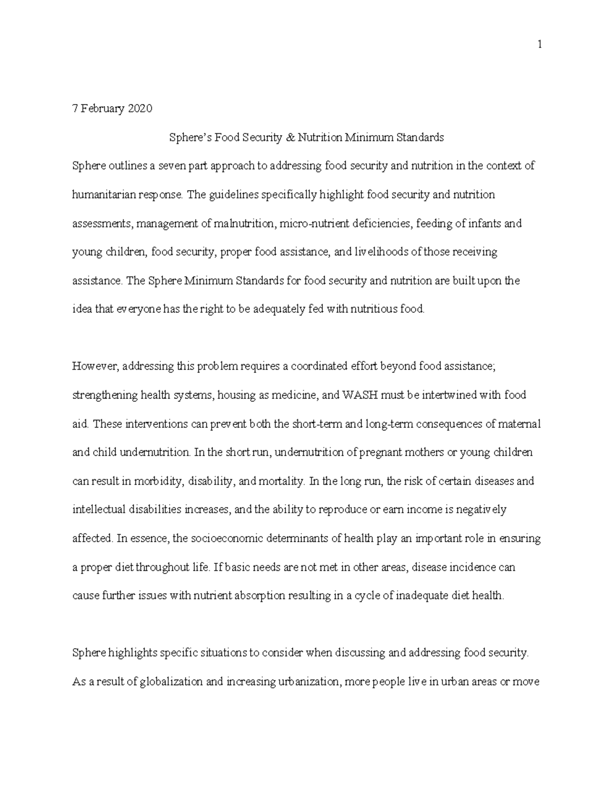 Sphere's Food Security and Nutrition 7 February 2020 Sphere’s Food