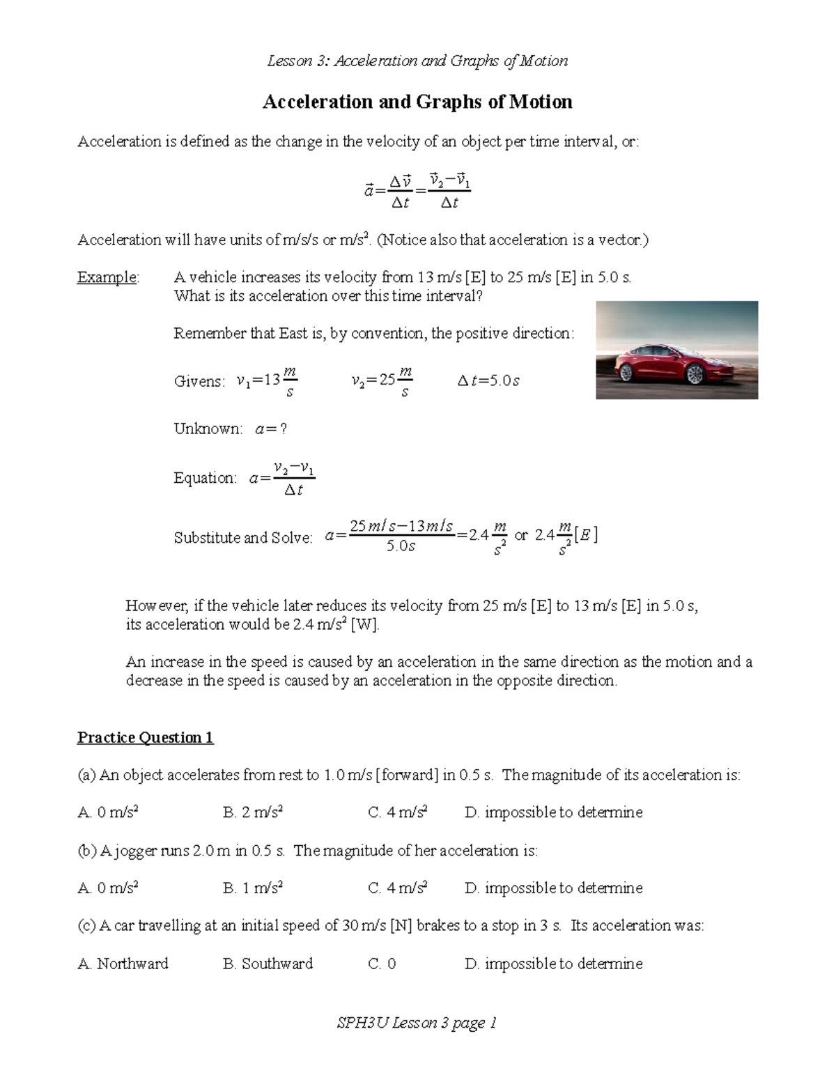 Lesson 3 Acceleration and Graphs of Motion Acceleration and Graphs of