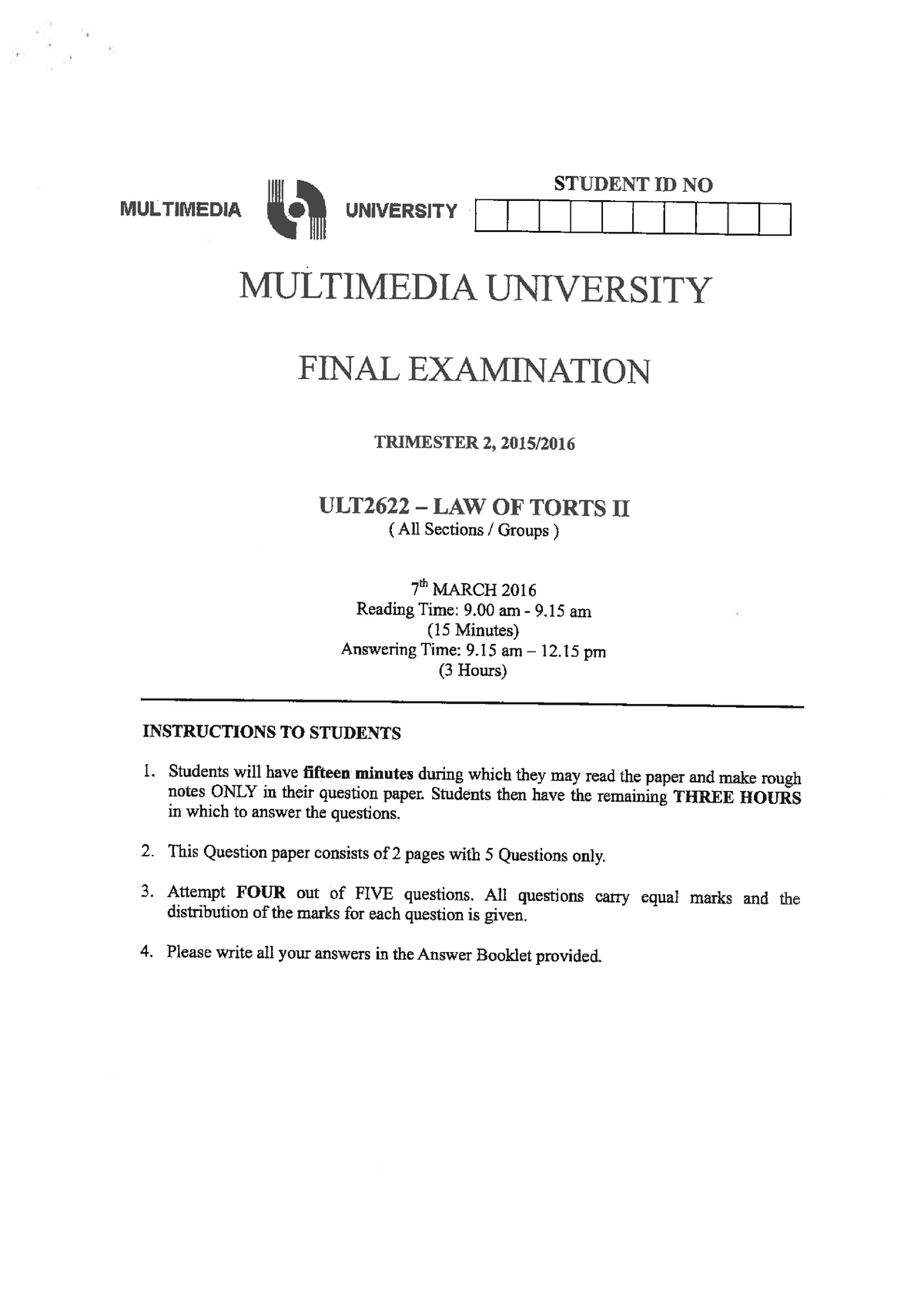 Past Year Question - Tort Law - Studocu