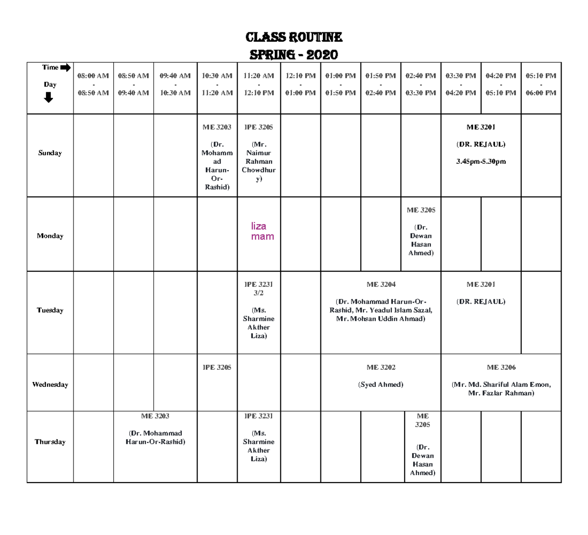 Routine - Lecture notes 1 - Class Routine Spring - 2020 Time Day 08:00 ...