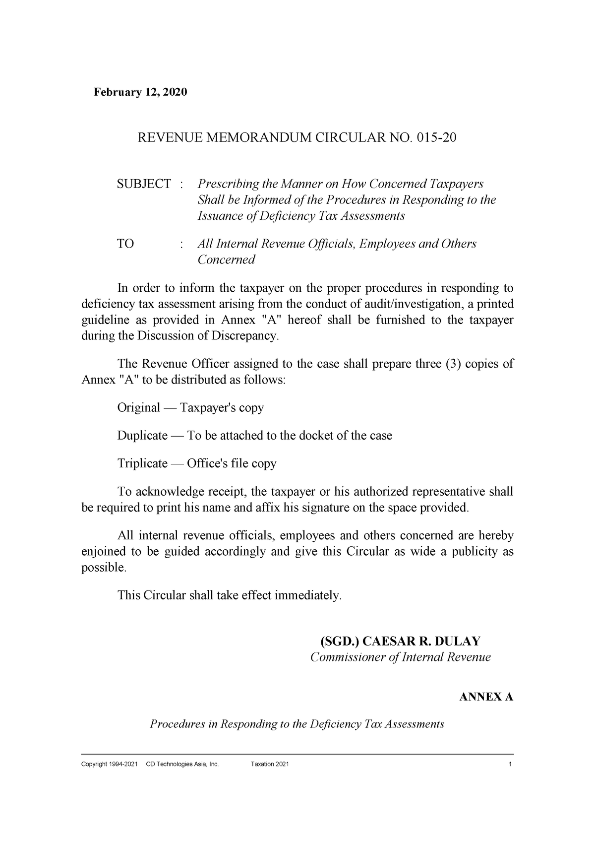 RMO No. 015-2020 - BIR Revenue Memorandum Order - February 12, 2020 ...