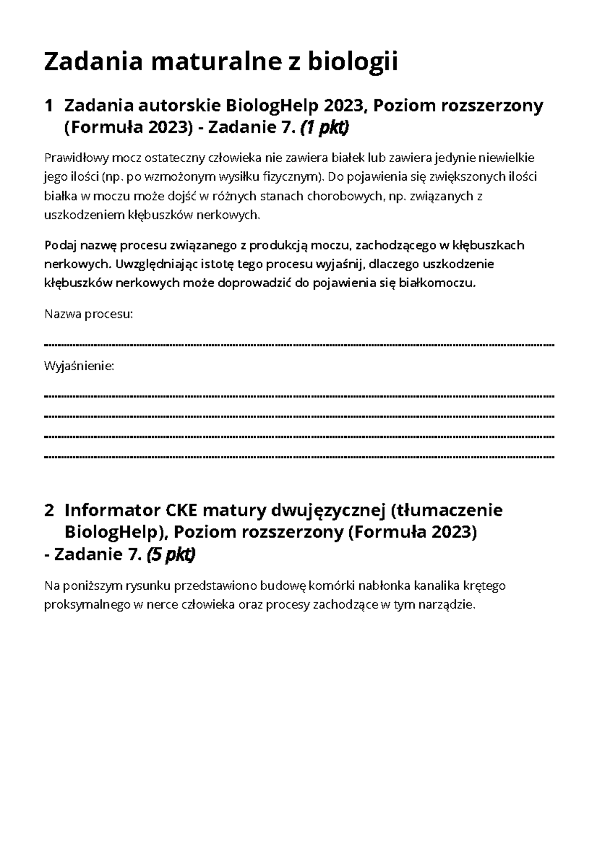 Układ Wydalniczy Zadania Maturalne Pdf