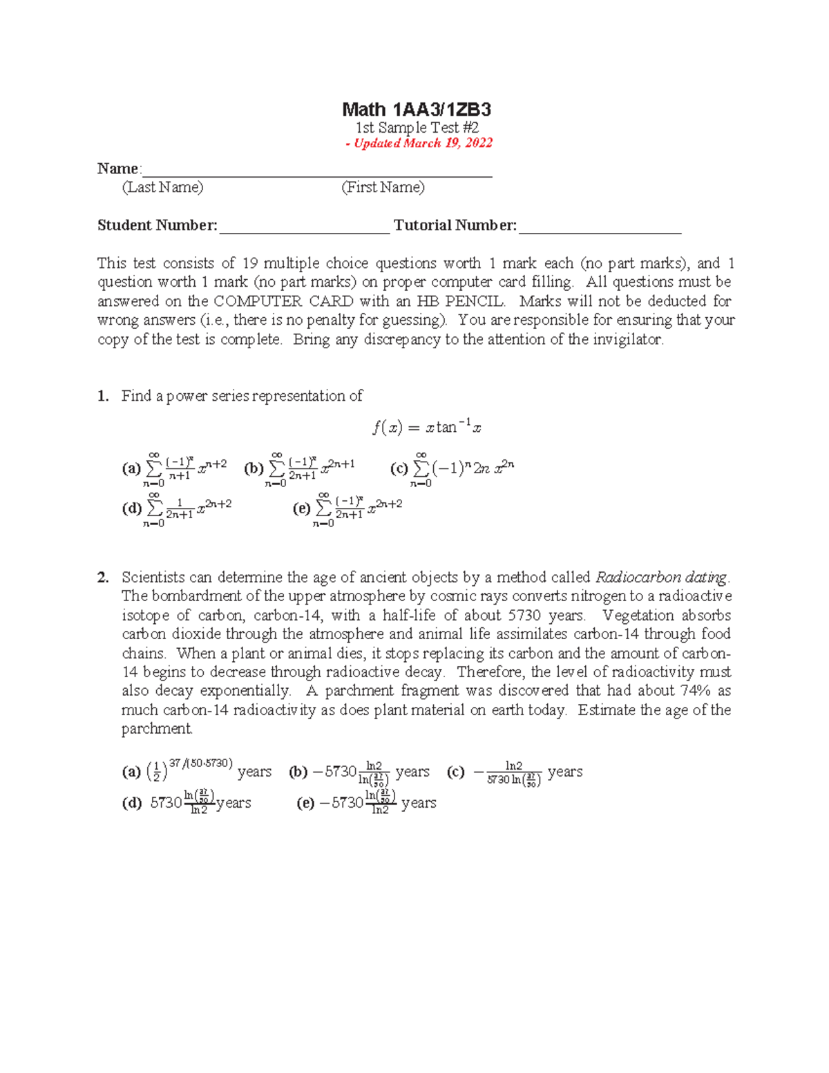 Test 2 Sample 1and2 - Updated July 15 - Math 1AA3/1ZB 1st Sample Test ...