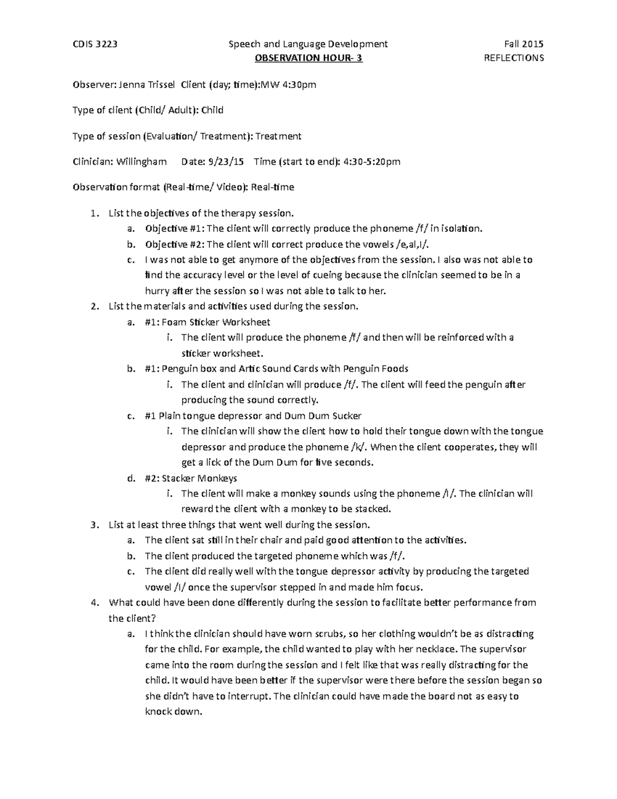 Observation 3 - CDIS 3223 Speech and Language Development OBSERVATION ...