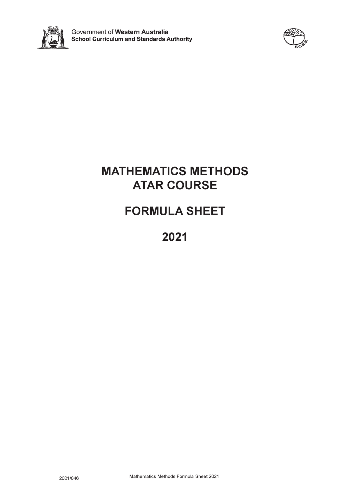 2021 Mam Formula Sheet Mathematics Methods Atar Course Formula Sheet 2021 2021846 Mathematics 0992