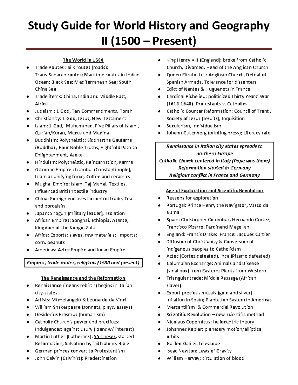 Study Guide for WH II.docx II (1500 Present) The World in 1500