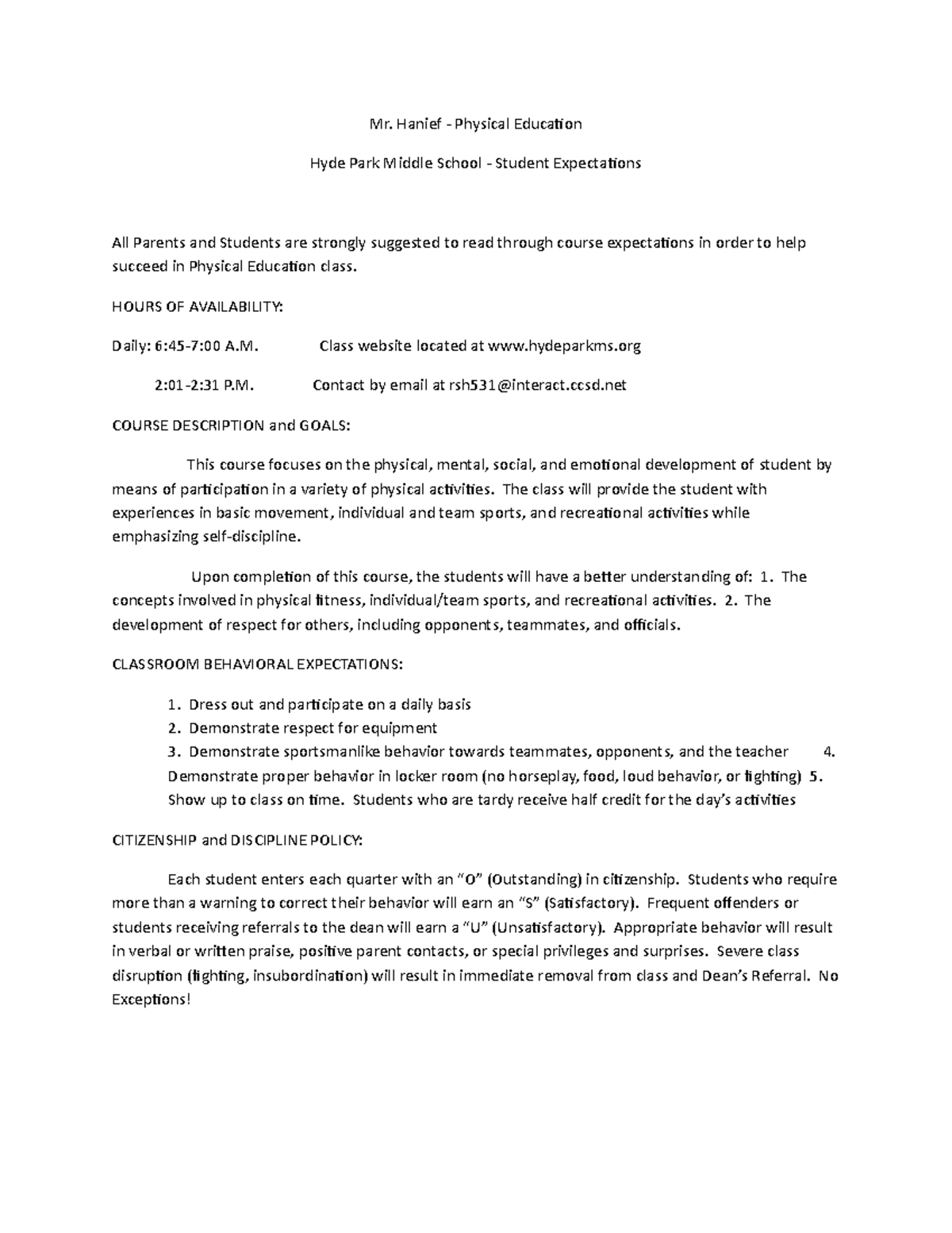 Course Expectations from - Mr. Hanief - Physical Education Hyde Park ...