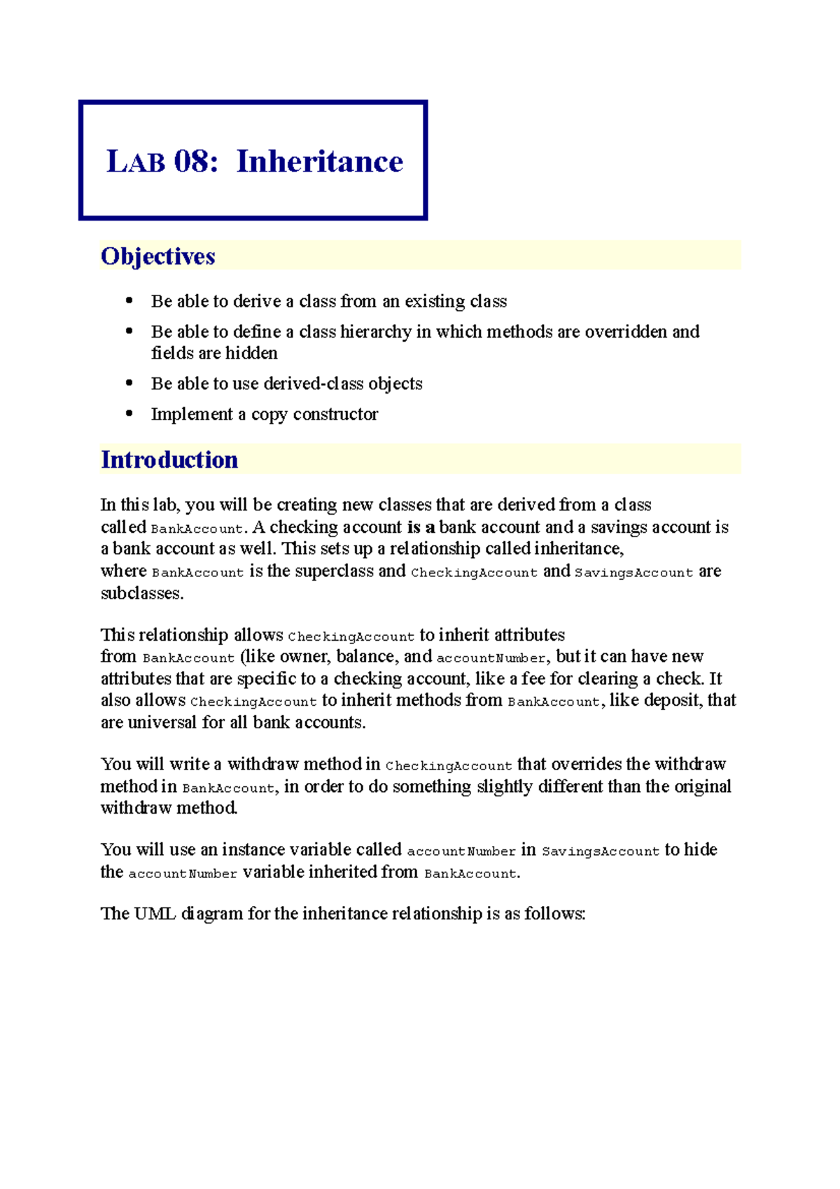 COMP131 Lab 8 - Inheritance - LAB 08: Inheritance Objectives Be able to ...