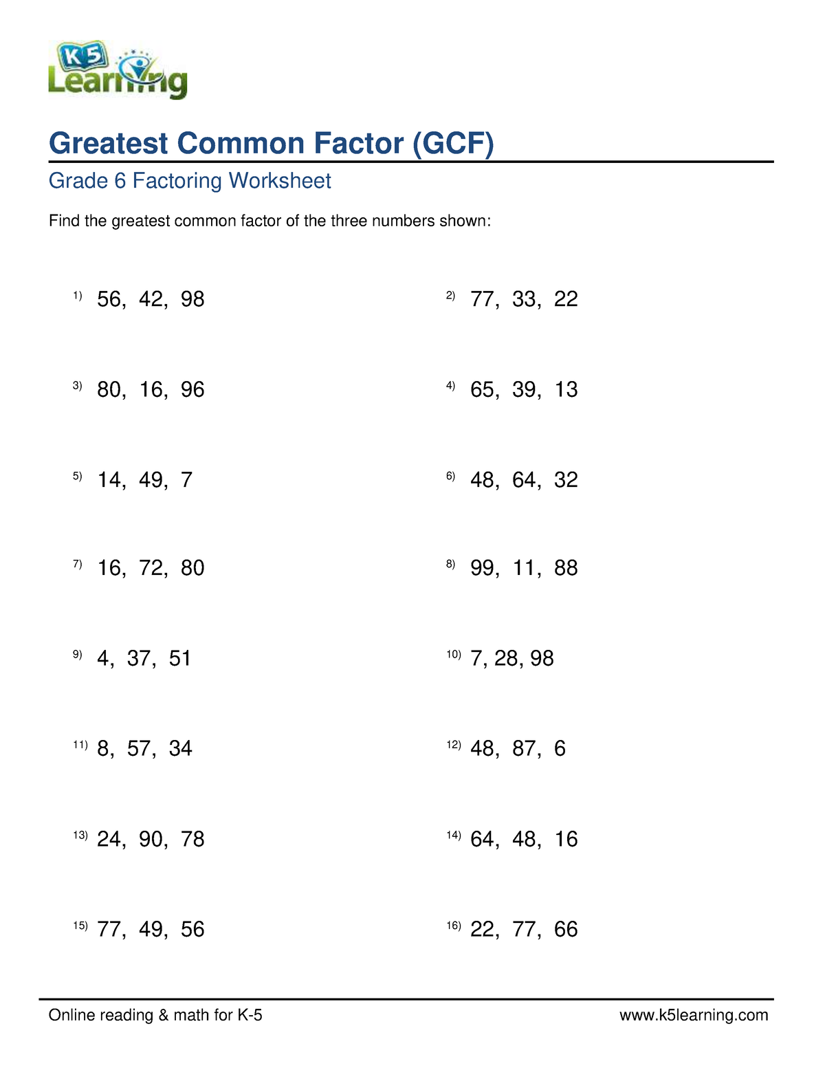 Grade 6 greatest common factor gcf 3 numbers 2 100 a - Online reading ...