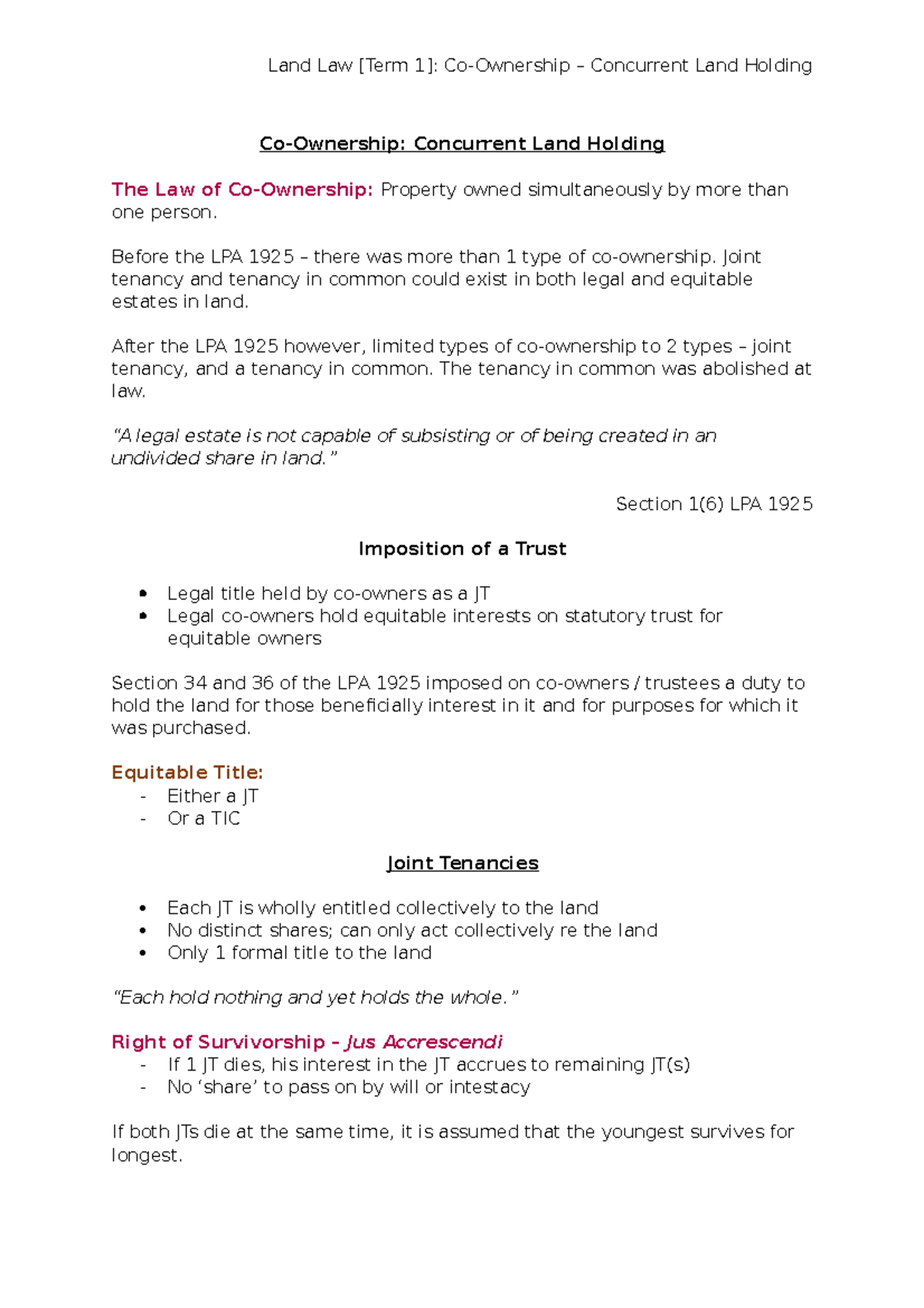 Lecture 4 - Co-Ownership - Co-Ownership: Concurrent Land Holding The ...